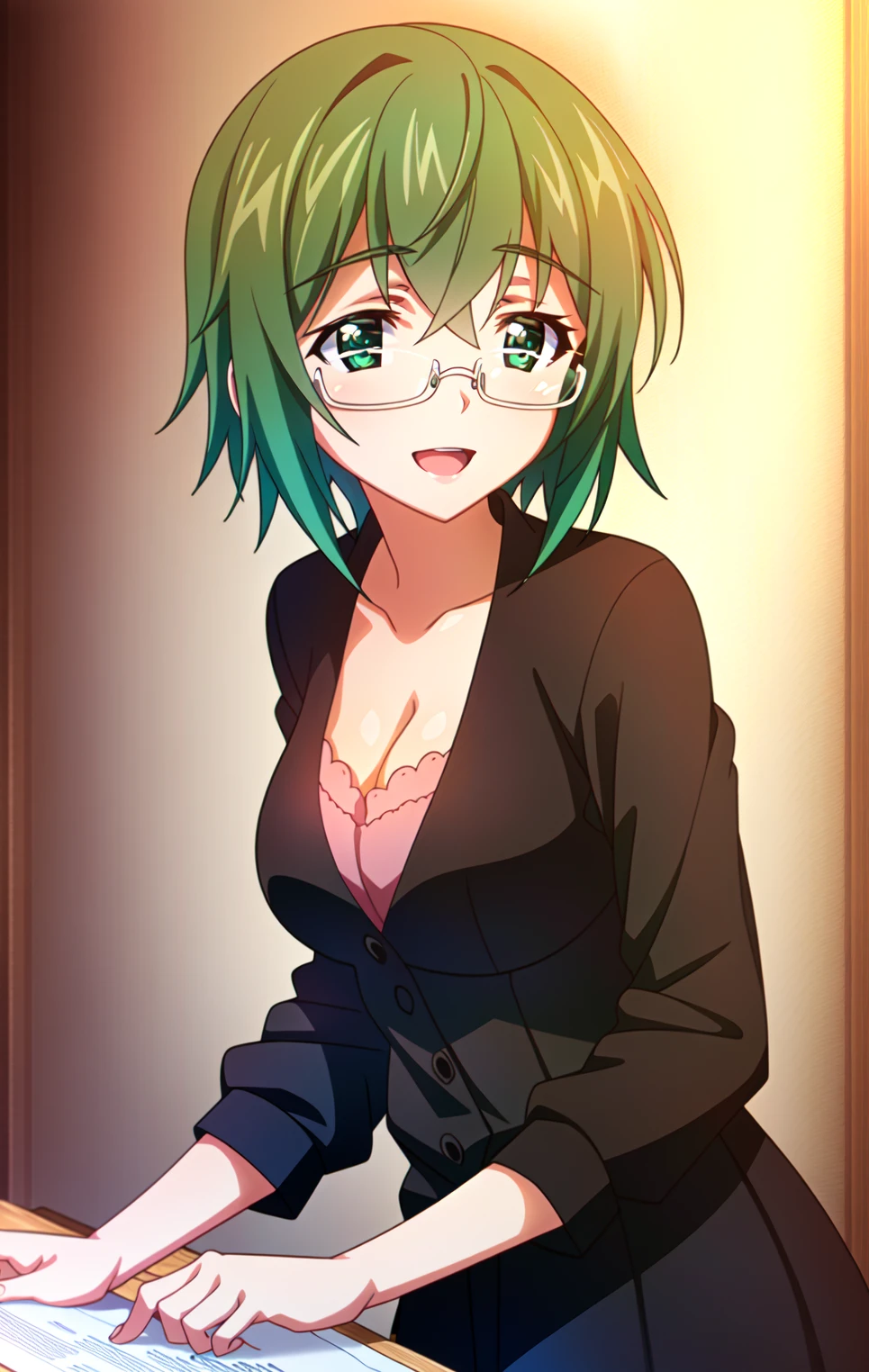 (extremely detailed CG unity 4k wallpaper),(masterpiece),(best quality),(ultra-detailed),(best illustration),(best shadow),(absurdres),(detailed background), <lora:OGT_Maya_Yamada-v1:0.8> Maya Yamada, 1girl, green hair, glasses, solo, green eyes, short hair, open mouth, smile, cleavage, semi-rimless eyewear, under-rim eyewear, breasts