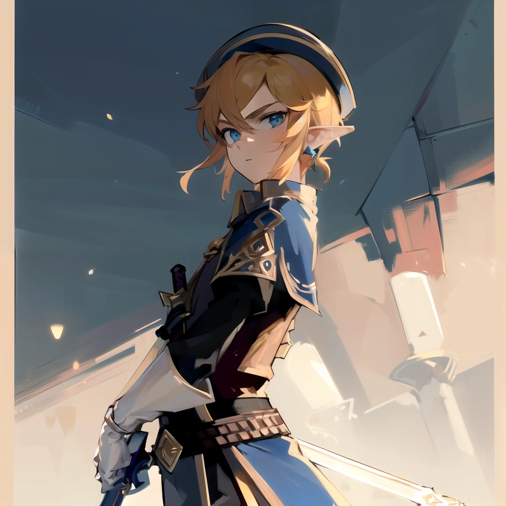 (masterpiece), (best quality),
detailed face, 1boy, solo,
royallink, hat, male_focus, closed_mouth, holding_sword, looking_at_viewer, standing, weapon,<lora:Link_Royal_Guard_Armor_Set_LoRA:0.7>