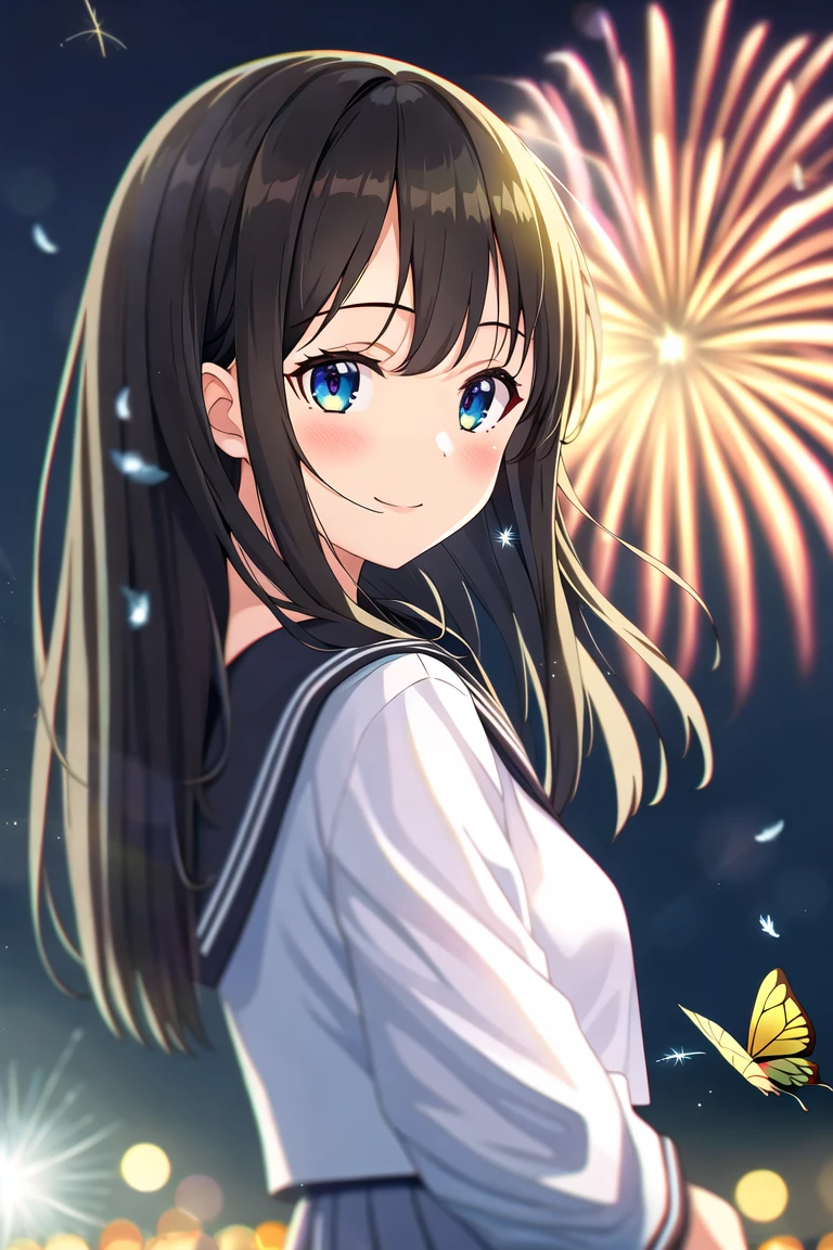 highres, high quality, 1girl, inoue takina, upper body, smile, looking at viewer, looking back, dress, long sleeves, serafuku, white sailor collar, night, fireworks, sparkler, bug, butterfly, feathers, depth of field, chromatic aberration, lens flare