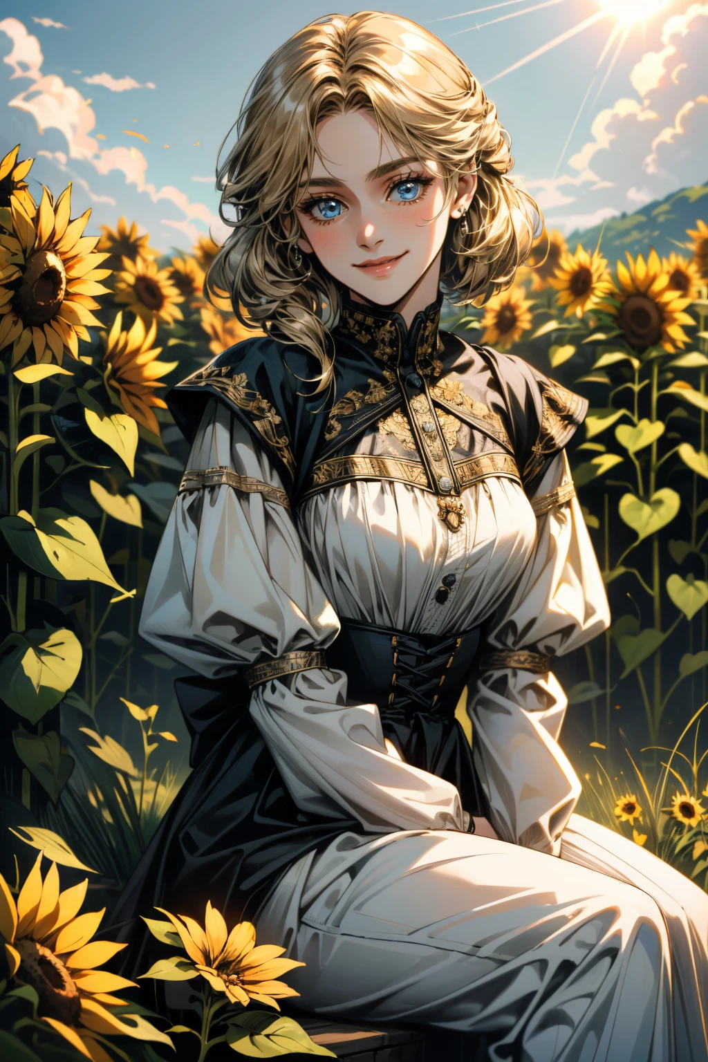 ((ultra detailed, masterpiece, absurdres))
<lora:PEmilie:0.9>
PEmilie, 1girl, solo, blonde hair, blue eyes, sitting in a sunflower field, smiling, sunlight