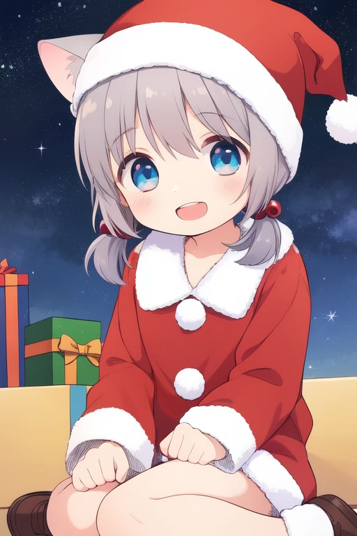 <lora:ookami_san:0.8>ãookamisan, gray hair, short twintails, short hair, blue eyes, child. flat cest, animal ears, hair bobbles, smile, happy, open mouth,
Christmas, SantaClaus, hat, night, starry sky, sitting,
masterpiece, high quality, very_high_resolution, large_filesize, full color,