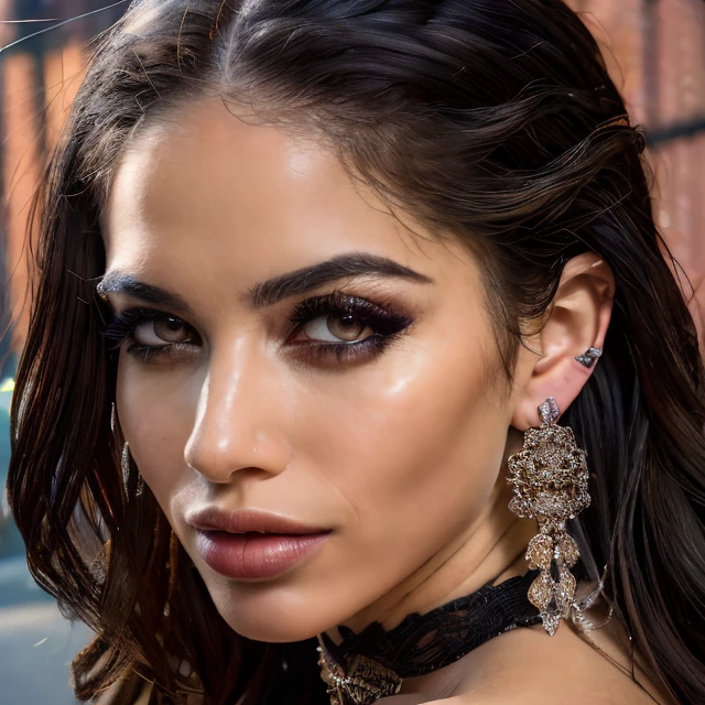 (masterpiece:1.2), (best quality,:1.2), 8k, HDR, ultra detailed, ((photorealistic)), professional light, cinematic lighting, fashion photography, ambient lighting, face lighting, Victoria, <lora:Victoria-10:1>, dynamic pose, earrings, choker, necklace, messy and long hair, dark makeup, looking at viewer, ((portrait shot)), OverallDetail, fhanddetail, ffacedetail, <lora:detail_slider_v4:3.5>,