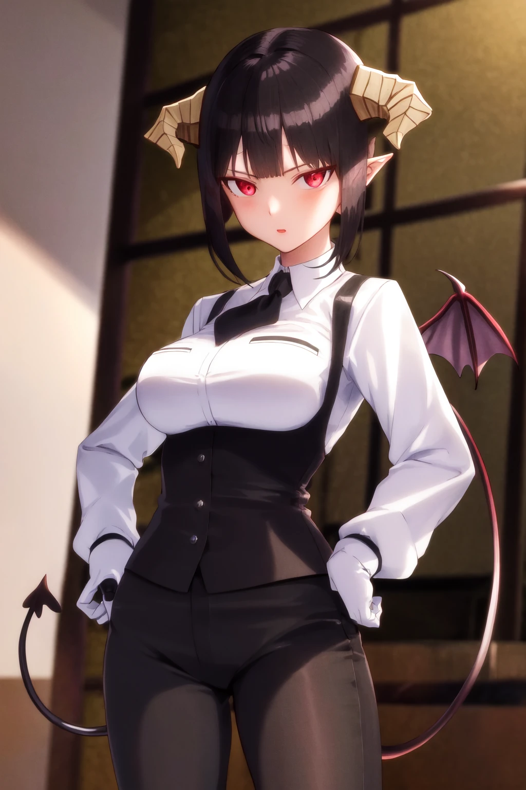 masterpiece, best quality, highres, 1girl horns short hair demon tail, white shirt black ascot black gloves black pants black vest <lora:goumon_torture:1> hand on hip