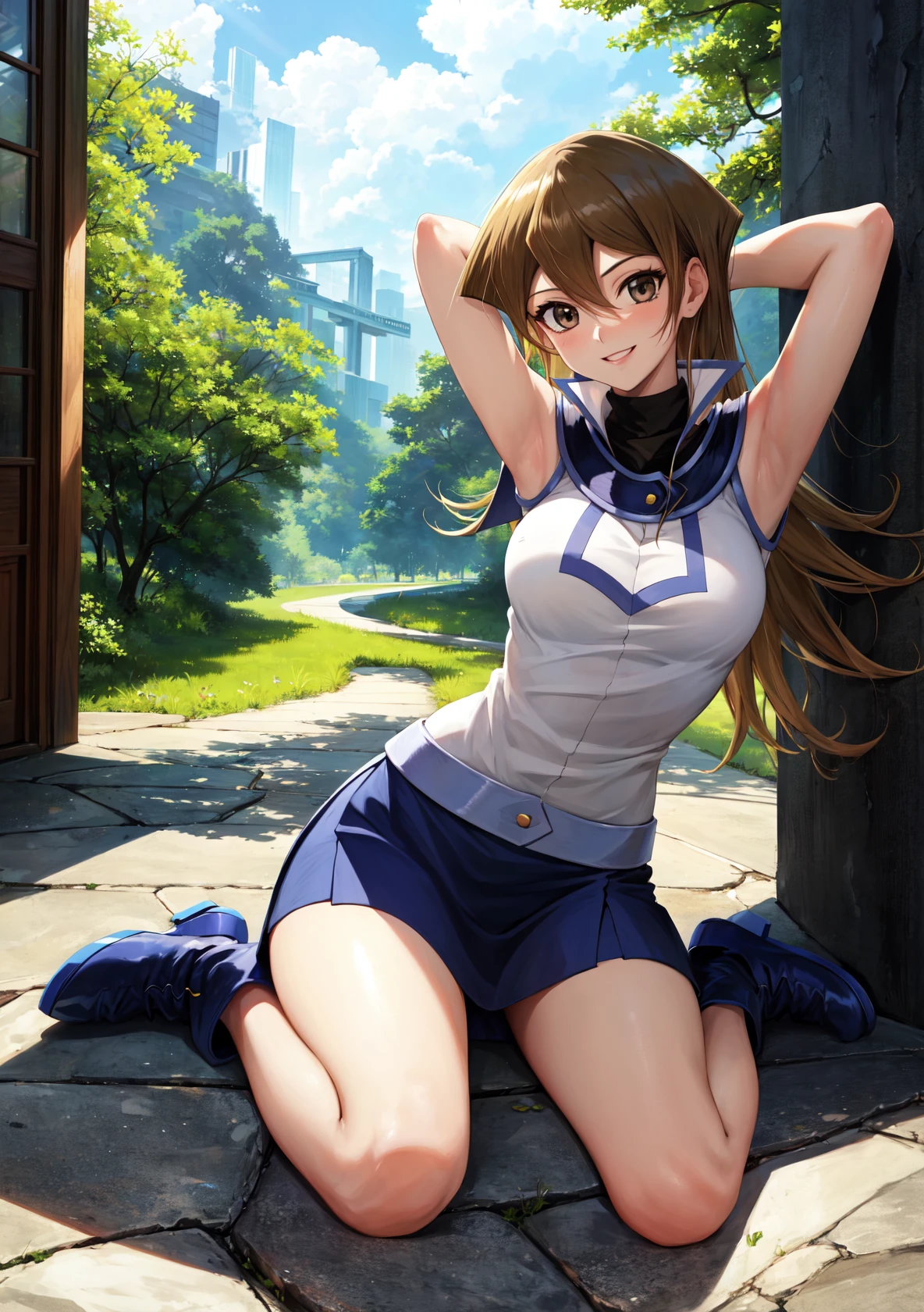 masterpiece, best quality, highres,
TenjouinAsukaDef, 1girl, solo, long hair, smile ,bangs, blonde hair, large breasts, brown hair, hair between eyes, brown eyes, very long hair, straight hair,
breasts, skirt, shirt, bare shoulders, school uniform, white shirt, sleeveless, shiny, belt, miniskirt, shiny hair, blue skirt, sleeveless shirt, turtleneck, boots, blue footwear, duel academy uniform (yu-gi-oh! gx), tenjouin asuka,
<lora:LoRA_Tenjouin:1>, wariza, looking at viewer, arms behind head, forest, sunlight, cloudy, laughing,