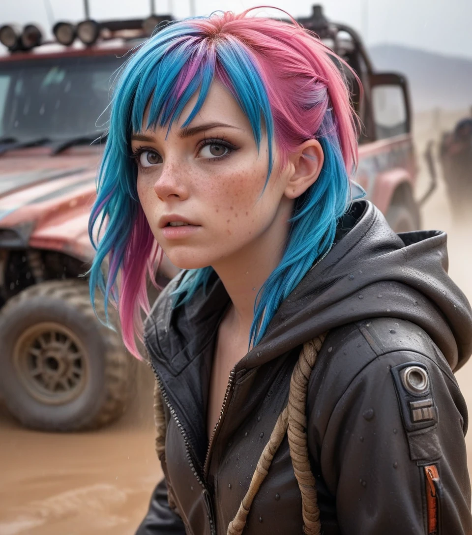 18 year old,
sweaty from the heat of the desert,
thirsty and dehydrated like in a mad max scene,skinny ,
wrapped,
sunburn,( tanlines:1.4), freckles,
cloudy rain, refreshing precipitation,
(Mad Max Girl:1.3), (Rally Dakar:1.1), mechanics girl with oil blobs in her face,
realistic photo, masterpiece, highest quality, chromatic light,dynamic image,
full body, (cute freckles:1.4),
skin covered with colorful blobs ,, young girl, chromatic light, butt,
tight,
UHD, 8k, F2.8, RAW Photo, ultra detailed, sharp focus
(scared:1.1),
subtle,
(messy :1.2), hood up, cyberpunk, pink blue hair, hair between eyes, hooded jacket, science fiction, long hair, bangs, nose, jacket, hoodie,
(dystopian, circuitry:1.15)
greasy hair,