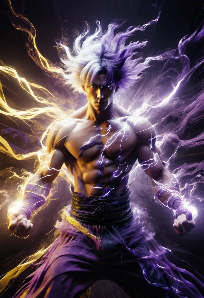 yellow electricity, purple electricity,, yellow and purple hair,
wabstyle, glowing, two-tone hair, (muscular:1.2), 1man, cinematic angle, motion blur, looking at viewer,   <lora:yinianshenmoSDXL-000012:0.7> <lora:add-detail-xl:-0.8>