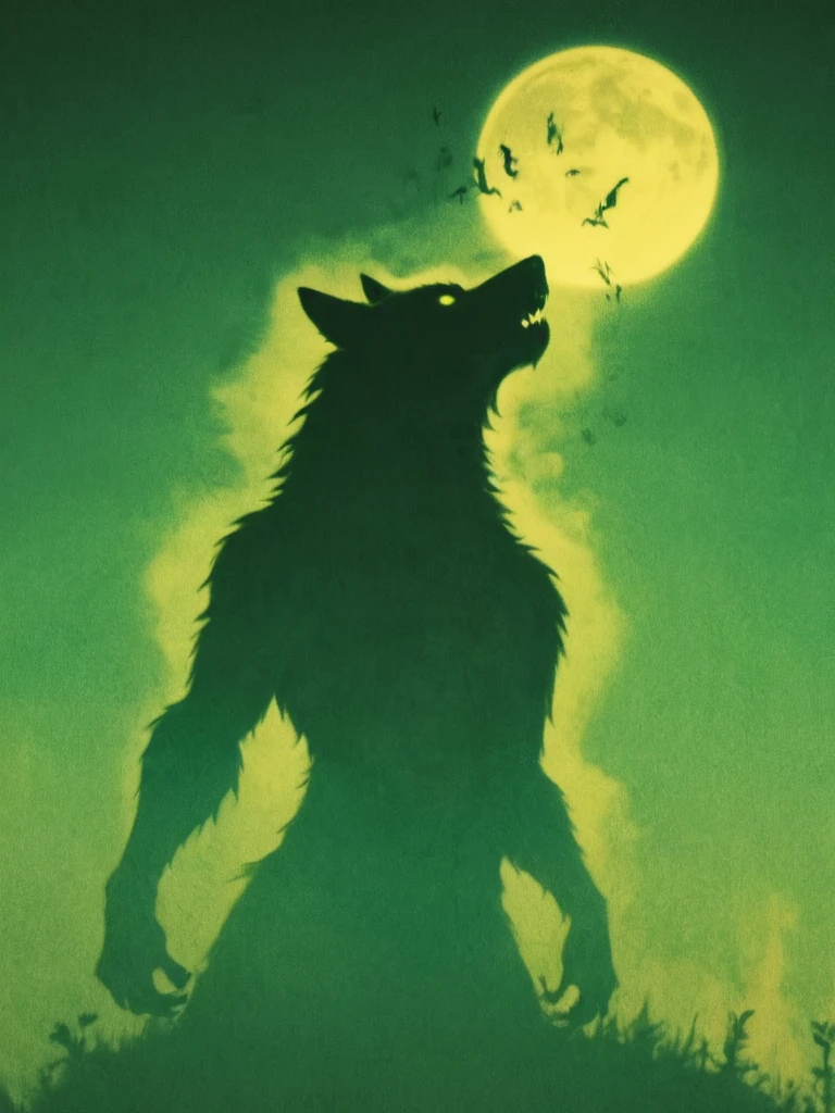 style sqrhmmr, a Metropolis (1927 film) minimalism silhouette painting of a (howling:1.2) ghost werewolf glowing yellow in green tint on a foggy and moonlit night, dark theme, intricate, detailed, atmospheric, eerie, <lora:- SDXL - sqrhmmr _Square-Hammer_Style_V1.0:1> <lora:- SDXL_AI-Breaker_BaseXL_V2:.3>