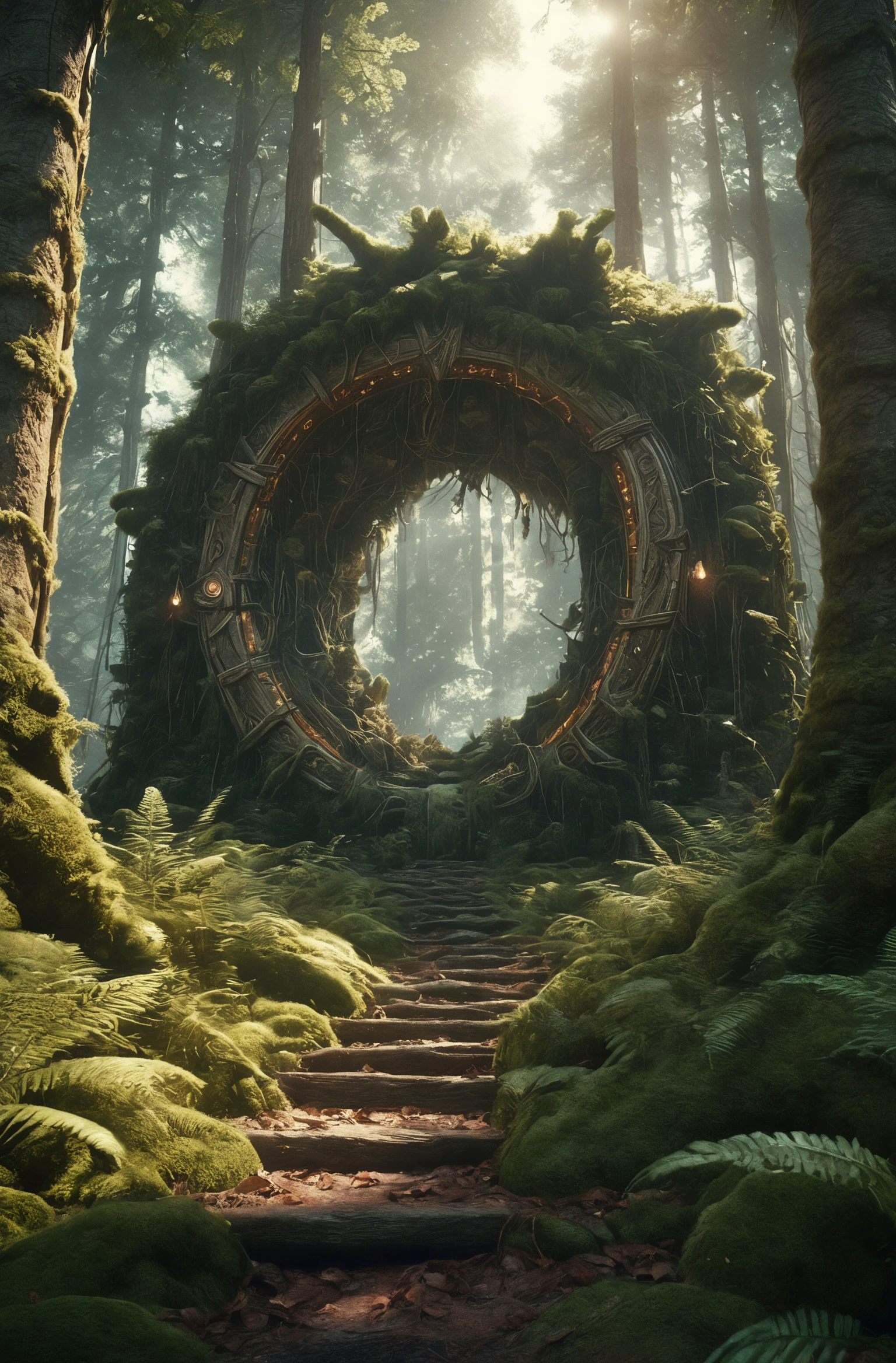 Hyperrealistic art fantasy forest landscape, a magic portal in the forest, a detailed matte painting by Mike Winkelmann, cgsociety, fantasy art, forest portal, , cgsociety 9 . Extremely high-resolution details, photographic, realism pushed to extreme, fine texture, incredibly lifelike