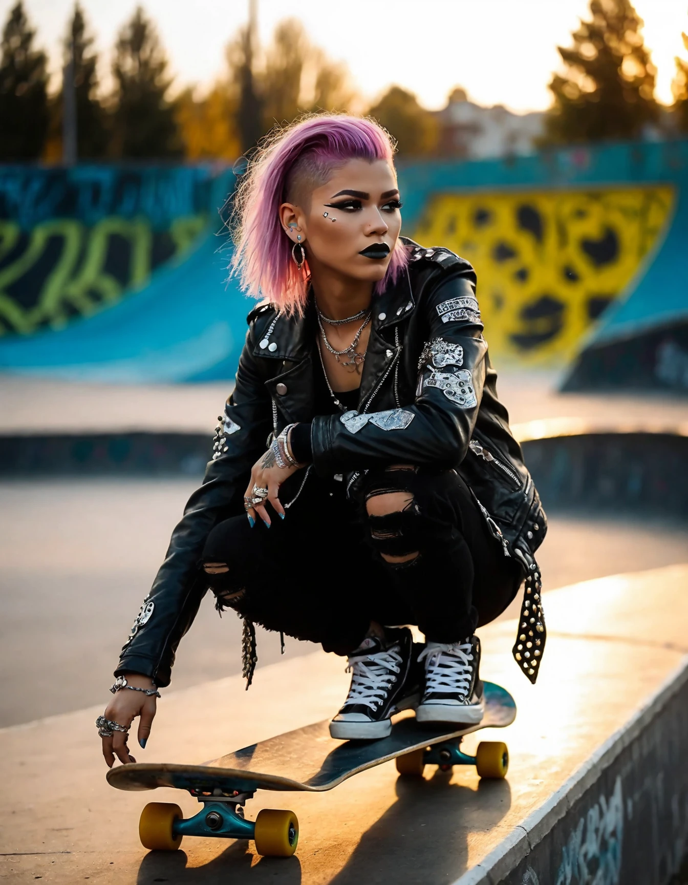 cinematic photo beautiful portrait of ((ohwx woman)) in a punk black leather jacket with studs, ((((skate park in the background)))), multiple ear piercings, multiple lips piercings, multiple eyebrow piercings, colored hair, skull necklace, kids on skateboard in the background <lora:zendaya_dh128_v1-step00009000:1> . 35mm photograph, film, bokeh, professional, 4k, highly detailed