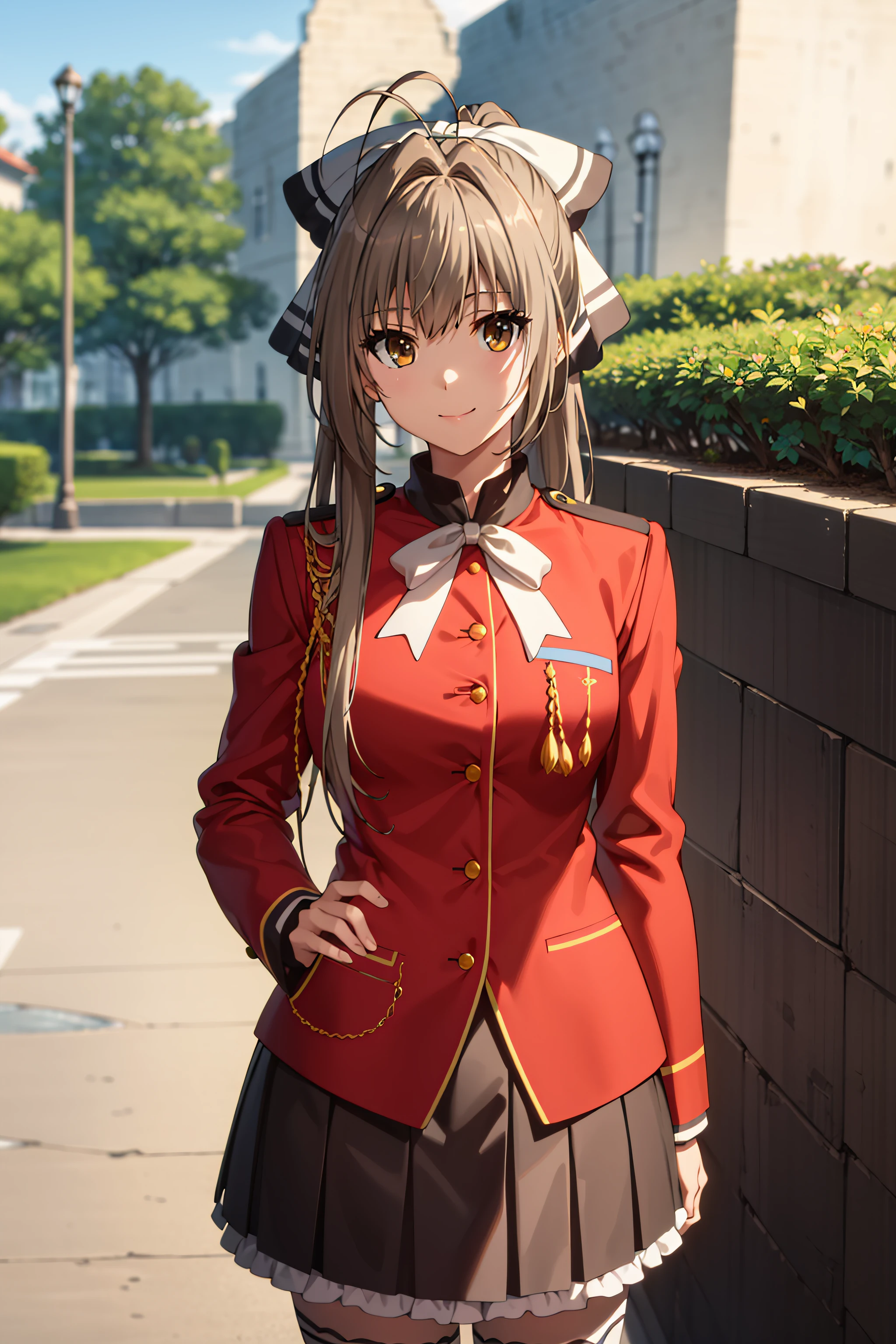 best quality, masterpiece, detailed,
<lora:AmagiBrilliantPark_SentoIsuzu:0.9>, SentoIsuzu,
solo, closed mouth, light smile,
brown hair, brown eyes, long hair, antenna hair, ponytail, hair bow,
SentoUniform, red jacket, epaulettes, white bow, black skirt, white thighhighs,
standing, looking at the viewer,
outdoors