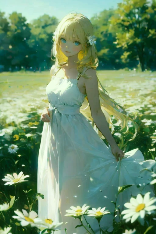1girl,in a field of flowers,white flower,looking at viewer,blue eyes,blonde hair,daisy,long hair,pure white dress,<lora:Electronic Patina:1.5>,