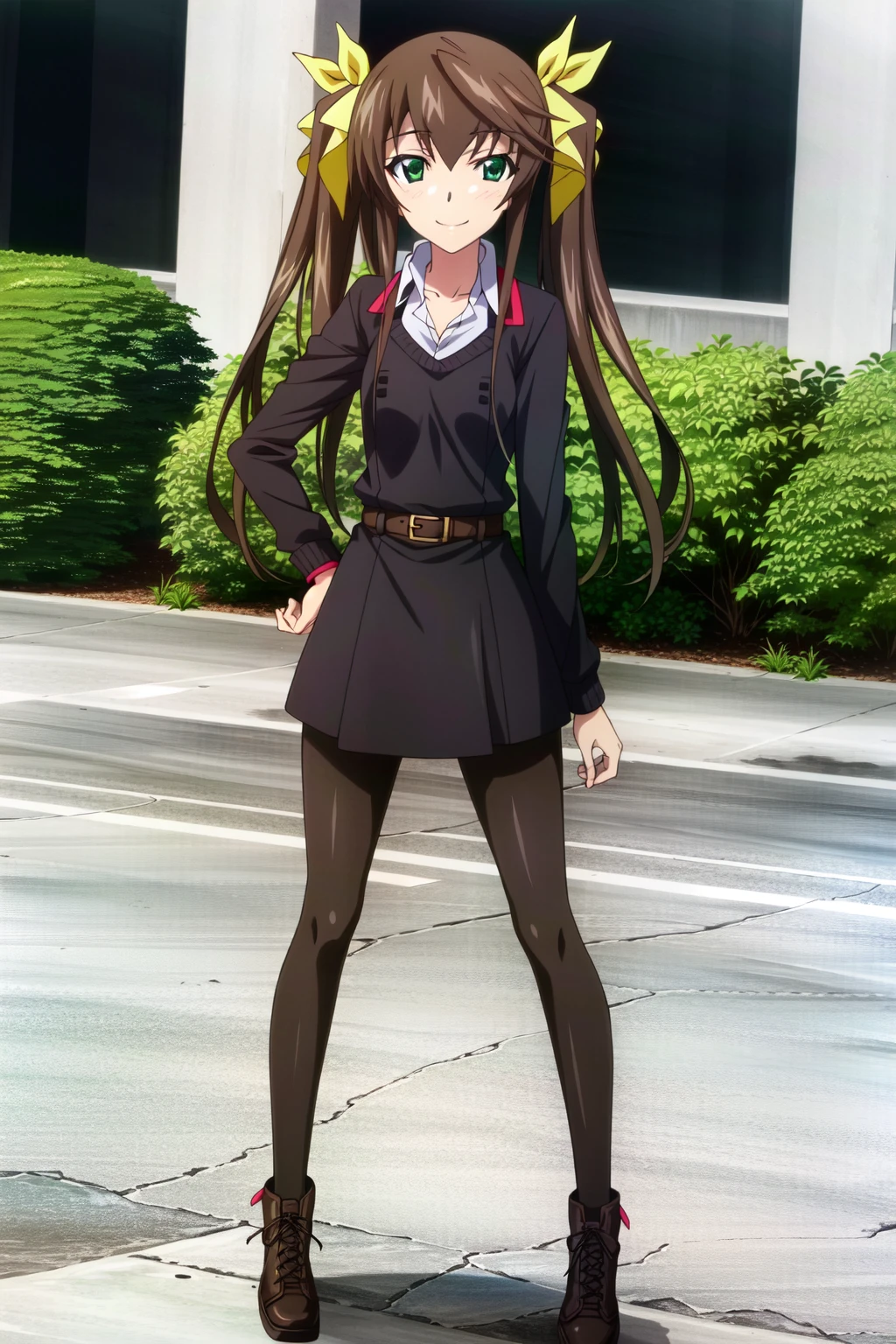 (extremely detailed CG unity 4k wallpaper),(masterpiece),(best quality),(ultra-detailed),(best illustration),(best shadow),(absurdres),(detailed background), <lora:OGT_RIn-v1:1> Huang Lingyin, Rin, 1girl, solo, brown hair, long hair, pantyhose, full body, green eyes, ribbon, hair ribbon, twintails, black pantyhose, smile, yellow ribbon, hand on hip, looking at viewer, sweater, collarbone