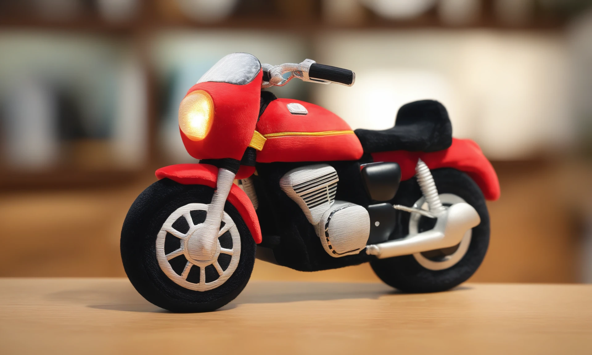 <lora:plushstuffedcd_xl-000006:0.8>,a (plushstuffedcd_xl,plush stuffed toy:1.2) motorbike on a table,red theme,military vehicle,solo,in office,long-focus,tilt-shift,miniature,cute and lovely,still life,from front,looking at viewer,no humans, emotional,harmonious,high budget,moody,epic,gorgeous,perfect lighting,realistic,photorealistic,photographic,photo (medium),real,moody lighting,volumetric lighting,reality ray tracing,8K,HDR,UHD,masterpiece,best quality,highly detailed,high resolution,finely detail,extremely detailed,ultra detailed,wallpaper