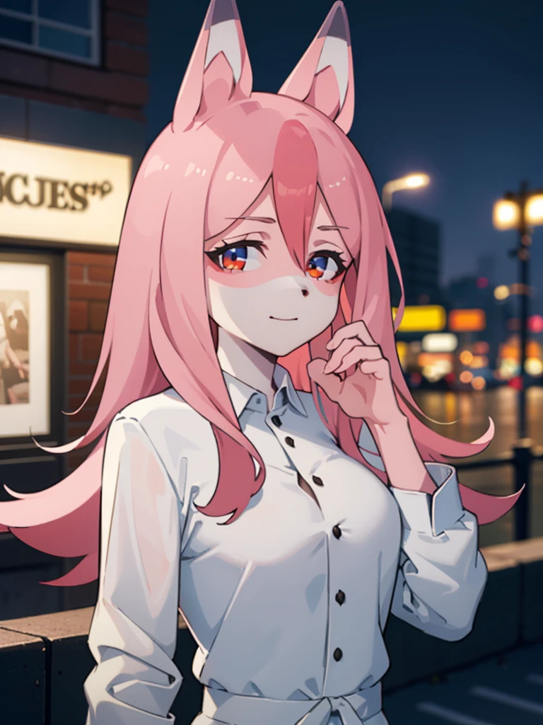 1 girl, fox girl, solo, furry,furry female, nazuna_hiwatashi, pink hair,long hair, red eyes, animal nose, fox ears, pink tail, (high quality, best quality, (4k), hi res, masterpiece, beautiful, high details), <lora:nazuna:0.9>, happy, looking at viewer, hotel ,city, night, neon lights, white shirt, medium breasts, detailed eyes, good lighting,