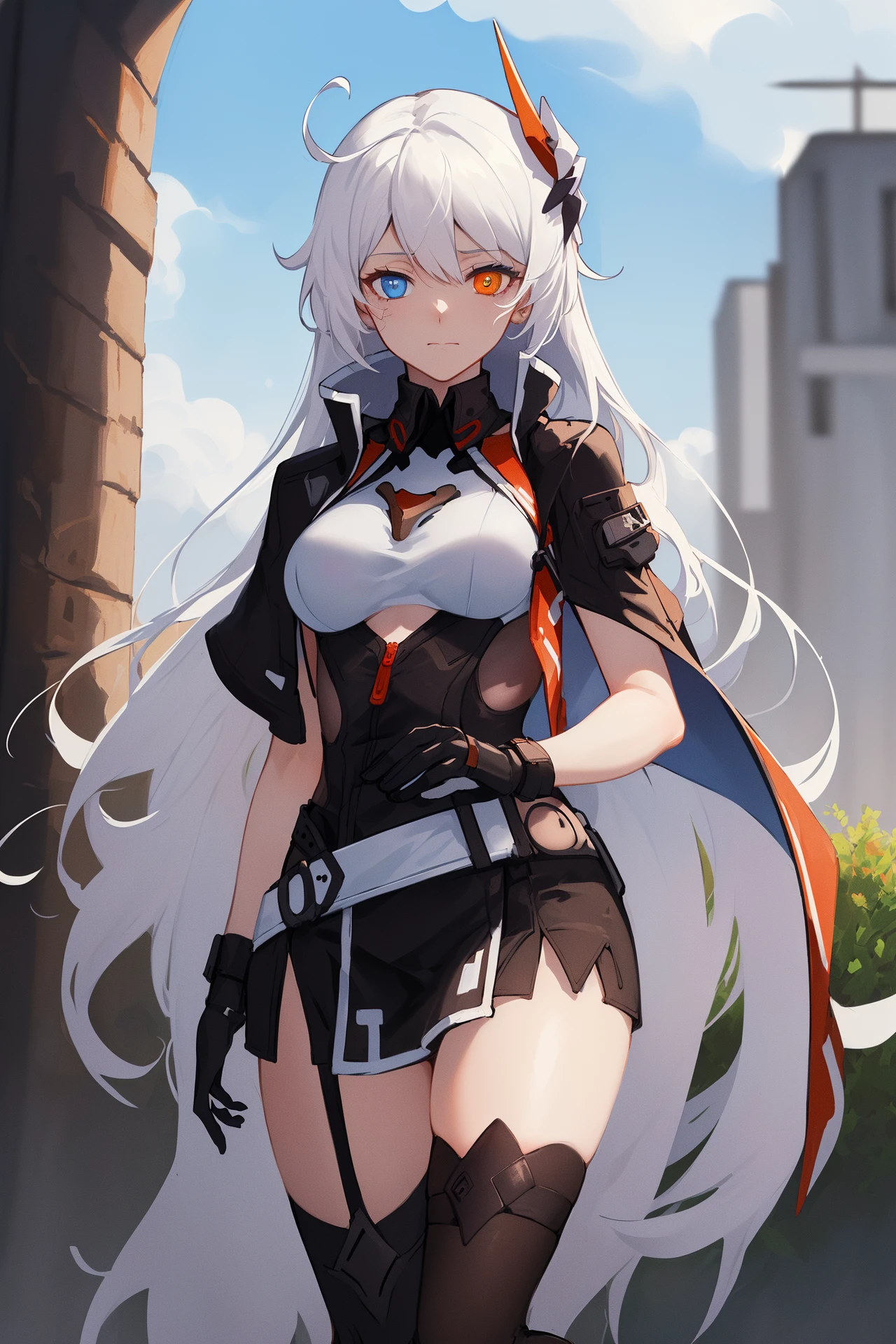 (masterpiece, best quality, high detailed, 8k uhd:1.2), <lora:KianaVD_V2-08:0.8>, kiana vd, 1girl, solo, slender,(medium breasts), (closed mouth, heterochromia:1.2), (long hair, white hair, hair ornament), (dress, thighhighs, cropped jacket:1.4), (armor, bare arms, asymmetrical gloves:1.2), (full body, looking at viewer:1.2), day, outdoors