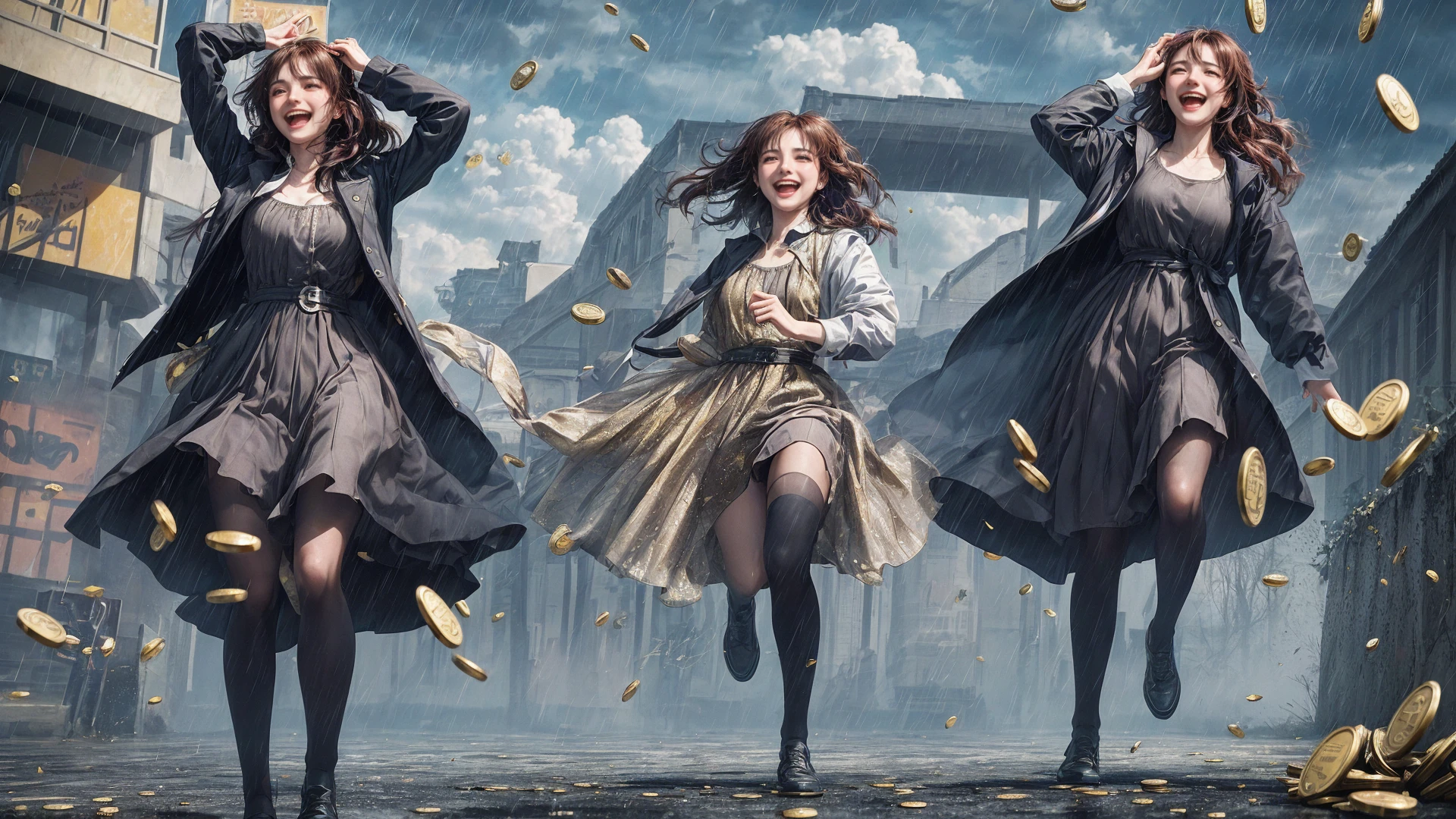 <lora:that is me:0.3>, 1girl,solo, (running Lady Knight, raining gold coins from the sky, gold coins crashing down on the head of the female knight, the female knight holding her head in delight, grand epic scene):1.6, beautiful face,long hair,cinemagraph, close-up, Wide Angle, movieer, movie theacrazy laugh, crazy, full body,
from below,masterpiece,best quality,official art,extremely detailed CG unity 8k wallpaper, sharpening, <lora:run:0.6>run,running,sky,coins,
<lora:add_detail ç»èè°èå¨:0.5>