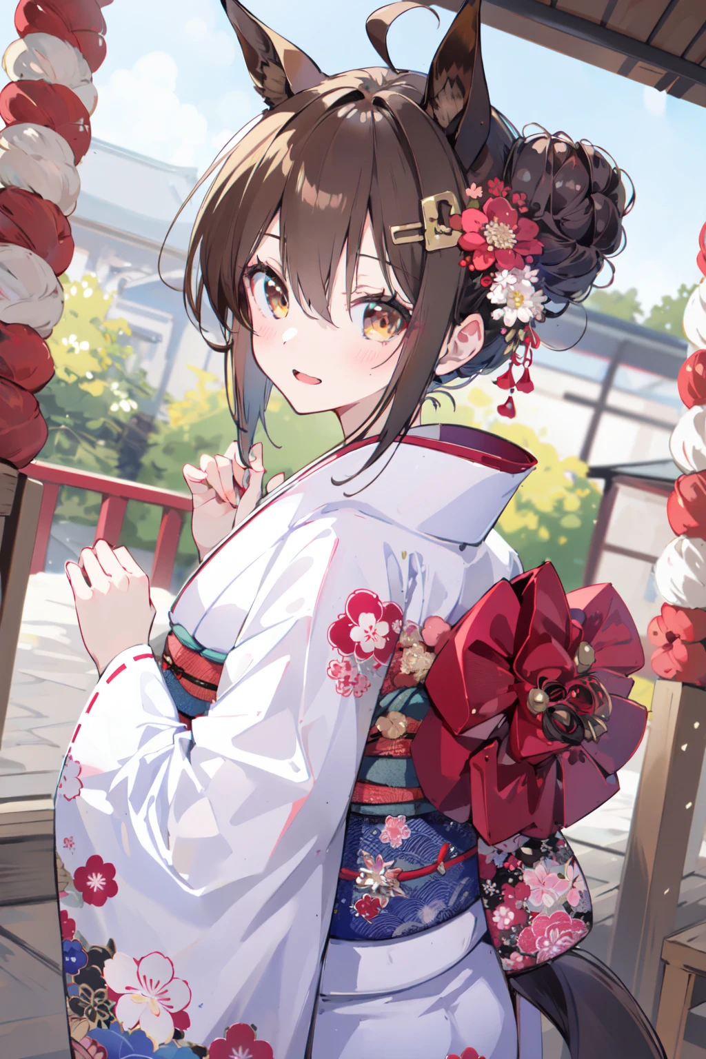 (masterpiece:1.2),best quality,PIXIV,
1girl, animal ears, horse ears, tail, japanese clothes, solo, kimono, horse girl, horse tail, brown hair, hair ornament, looking at viewer, looking back, blush, from behind, open mouth, smile, hair flower, bangs, obi, own hands together, floral print, sash, wide sleeves, shrine, brown eyes, flower, white kimono, ahoge, hair between eyes, long sleeves, breath, alternate costume, donation box, hair bun, print kimono, single hair bun, yukata
<lora:happy new year_20240102112354-000018:0.8>,