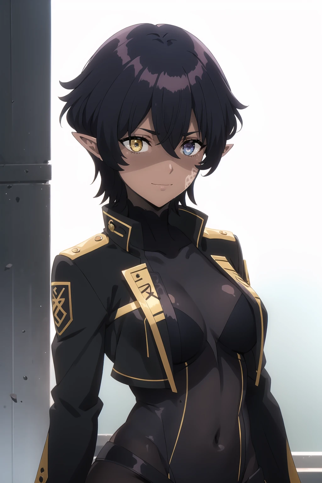<lora:Omega_KNJ:0.8>, Omegadef, short hair, purple hair, heterochromia, blue eyes, yellow eyes, pointy ears, facial mark, solo, dark-skinned female, medium breasts,
black gloves, black pants, black jacket, black bodysuit, open jacket,
standing, upper body, looking at viewer, arms at sides, smile, portrait,