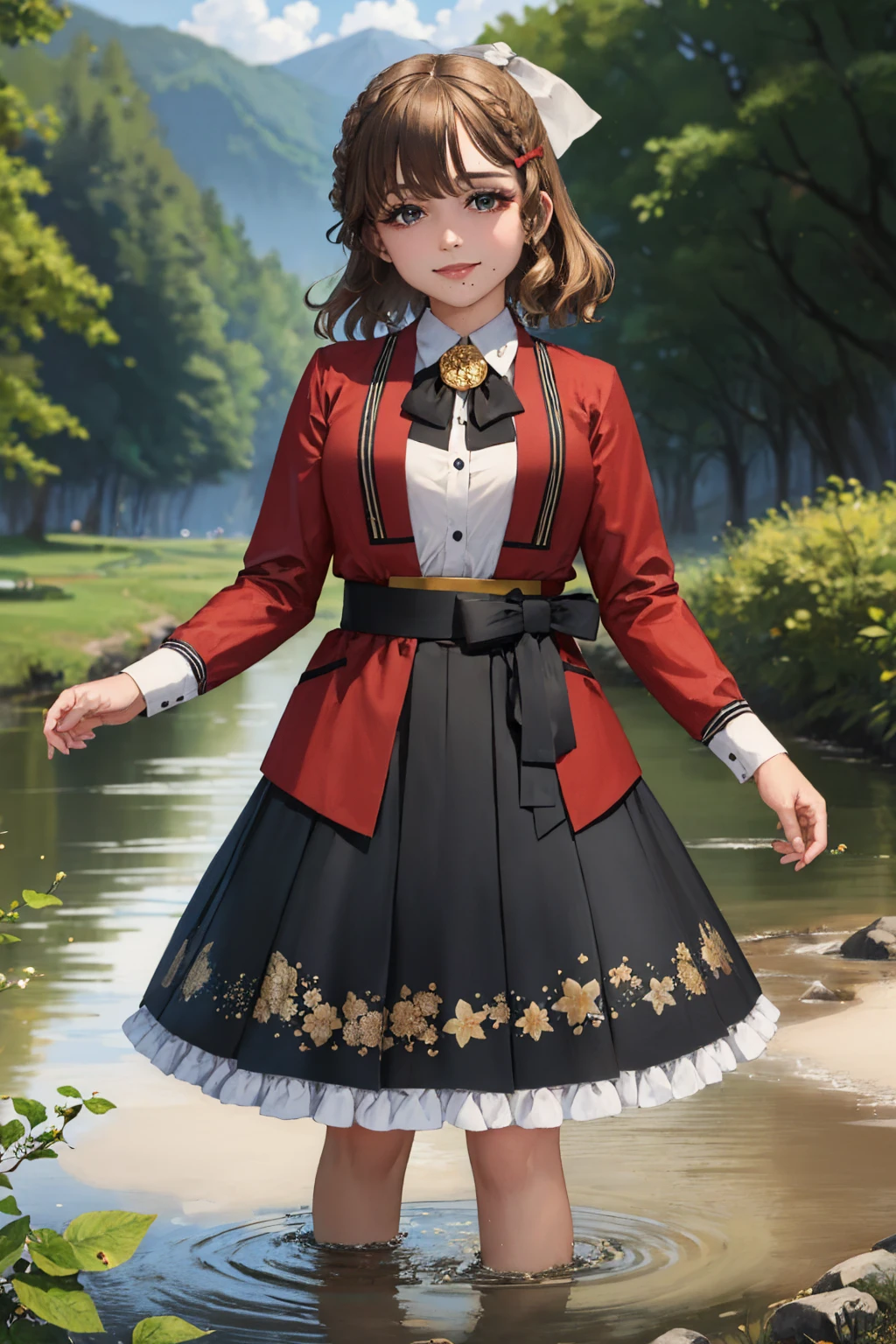 (masterpiece, best quality:1.2), solo, 1girl, kcasahi, mole, smile, looking at viewer, wading, braid, hair bow, red jacket, long sleeves, shirt, ribbon, skirt <lora:kancolle_asahi-10:1>