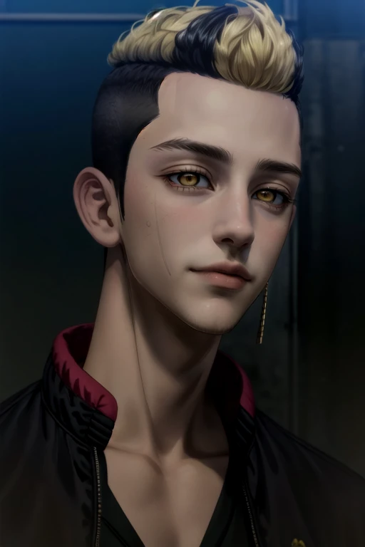(best quality:1.1), (masterpiece:1.4), movie still, , , , ligne claire, realistic, 1boy, solo, male focus, <lora:shuuji_hanma:0.96>, shuuji_hanma, black hair, yellow eyes, , short hair, undercut, black jacket, windcheater, , ,