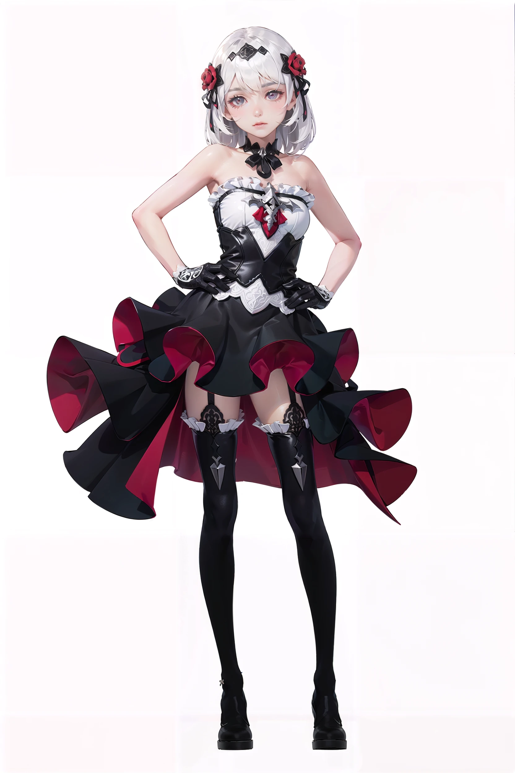 8k, best quality, masterpiece, (ultra-detailed:1.1), (high detailed skin),
(full body:1.2), white background, standing, looking at viewer, solo, hand on hip,
<lora:chuyong-v100:0.8:lbw=OUTALL>, yuexia, theresa apocalypse, hair ornament, black gloves, white hair, hair flower, bangs, rose, bare shoulders, thigh boots, black footwear, black strapless dress, black thighhighs,
(white background, simple background,:1.2),
<lora:EnvyBetterHands LoCon_beta2 è¾
å©:0.55>, ( good hands, nice hands:0.5),
(beautiful_face), ((intricate_detail)), clear face,
((finely_detailed)), fine_fabric_emphasis,
((glossy)), full_shot,
