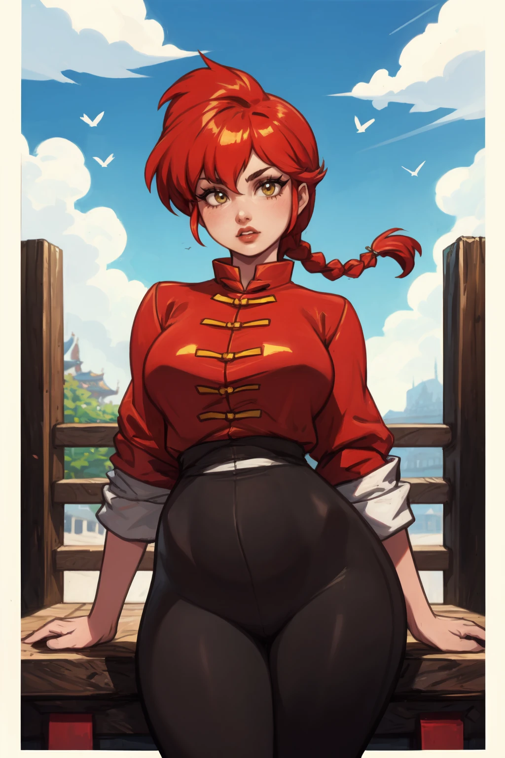 1girl, (solo:1.2), (cowboy shot:1.2), (looking at viewer:1.3),
<lora:Ranma - Ranma-chan [justTNP - v1.0]:1> femaleranma, braided ponytail, (chinese clothes:1.2), tangzhuang, black pants, (red chinese style jacket:1.3), curvy, large breasts, young female, (energetic:1.2)
BREAK <lora:CyanCapsule [MockAi - v1.0]:0.85> cyancapsule, western artstyle, (painterly style:1.4), (vibrant colors), (soft lineart:1.2), (blurry lineart), vivid
BREAK intricate details, (masterpiece:1.3), (best quality:1.3), (perfect anatomy:1.4) BREAK, (beautiful white clouds:1.3), puffy clouds, white sky