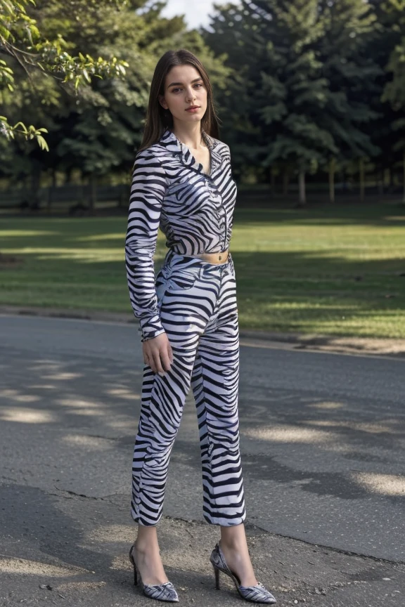 1woman, long hair, realistic, masterpiece, high detailed skin, looking at viewer, outdoor view, solo, full body shot
<lora:Zebra_Shirt_Pant_By_Stable_Yogi:0.8> zebra print, collared shirt, pants
<lora:Instagram_Face_By_Stable_Yogi:0.4>