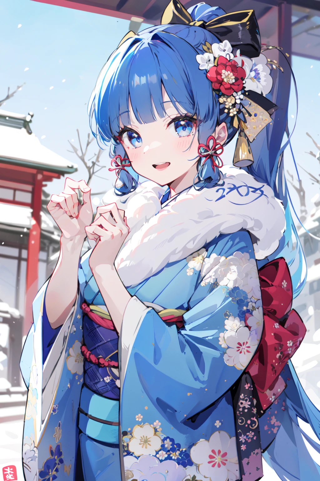 (masterpiece:1.2),best quality,PIXIV,
1girl,kamisato ayaka,japanese clothes,kimono,smile,solo,omikuji,blue eyes,long hair,bangs,open mouth,looking at viewer,hair ornament,ponytail,holding,wide sleeves,sash,blunt bangs,:d,blue kimono,blue hair,long sleeves,upper teeth only,obi,mole under eye,floral print,outdoors,bow,teeth,ribbon,hair ribbon,hair flower,mole,flower,shrine,blush,hair bow,fur trim,new year,print kimono,flower knot,sidelocks,
<lora:happy new year_20240102112354-000018:0.8>,