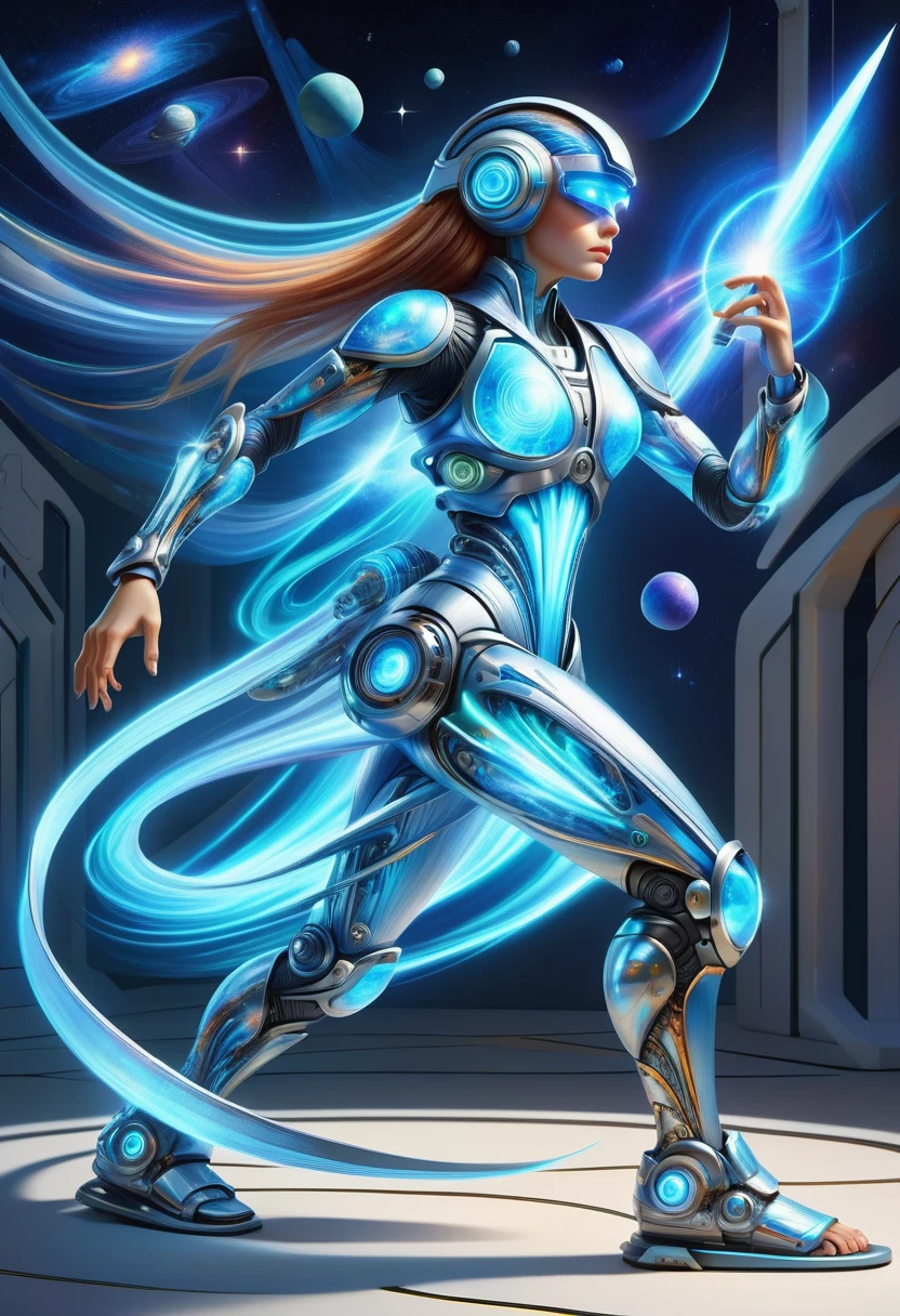 hyper detailed masterpiece, dynamic, awesome quality, DonMFmaXL female astroecologist, transcendent being- evanescent, ever-changing entities with luminescent auras and morphing silhouettes, geriatric, pear-shaped, central asian, light blue eyes, square chin, strong jaw, oblong face shape, , auburn blunt bangs hair, pride,
holding a weapon or energy blade for combat challenges.,
wearing virtuality plastic gravity bending pattern robotic palazzo trousers, virtual reality tunic dress, solar-powered sport sandals, thermal-regulating headband, , striking a pose while powering on or activating an android body., holo-screens, cybernetic augmentations enhancing human abilities, <lora:DonMFmaXL-000008:1>