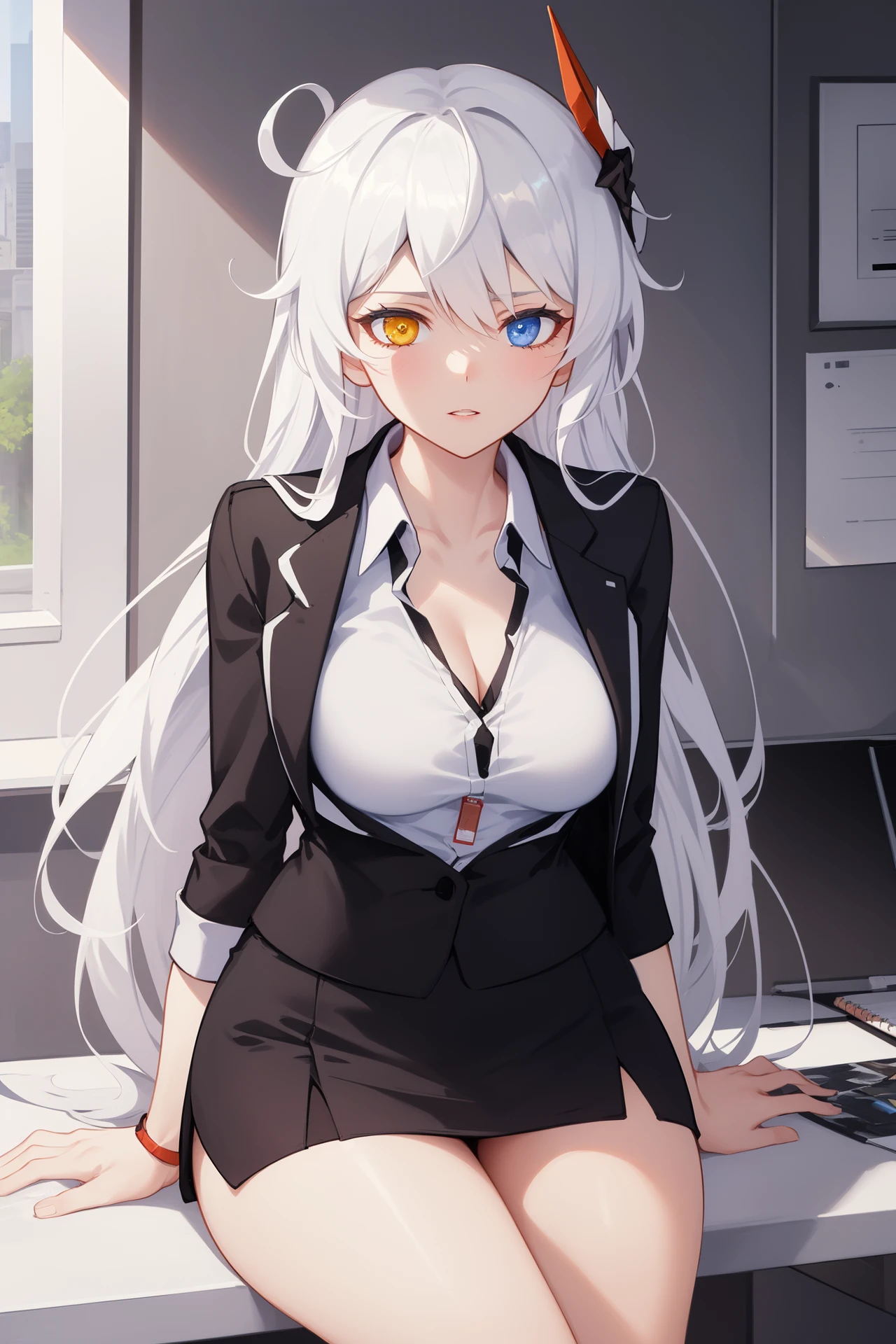 (masterpiece, best quality, high detailed, 8k uhd:1.2), <lora:KianaVD_V2-08:0.8>, kiana vd, 1girl, solo, slender,(medium breasts), (parted lips, heterochromia:1.2), (long hair, white hair, hair ornament), (office lady:1.4), (white shirt, cleavage, black miniskirt, pencil skirt, bare legs:1.2), (cowboy shot, looking at viewer, sitting:1.4), day, indoors