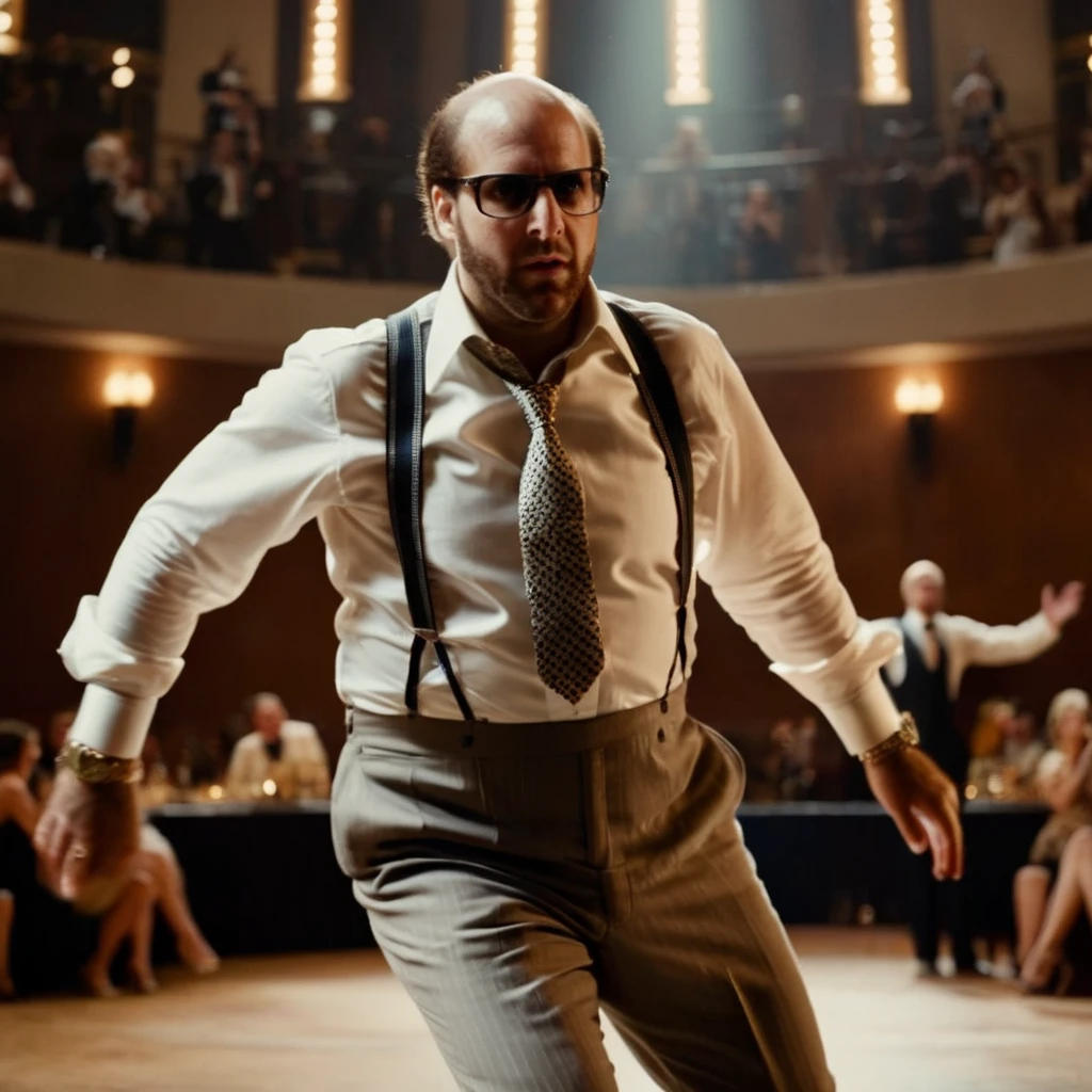 cinematic film still of <lora:Les Grossman:1.2>
Les Grossman a man in suspenders and a tie is dancing in a wide shot, shallow depth of field, vignette, highly detailed, high budget, bokeh, cinemascope, moody, epic, gorgeous, film grain, grainy