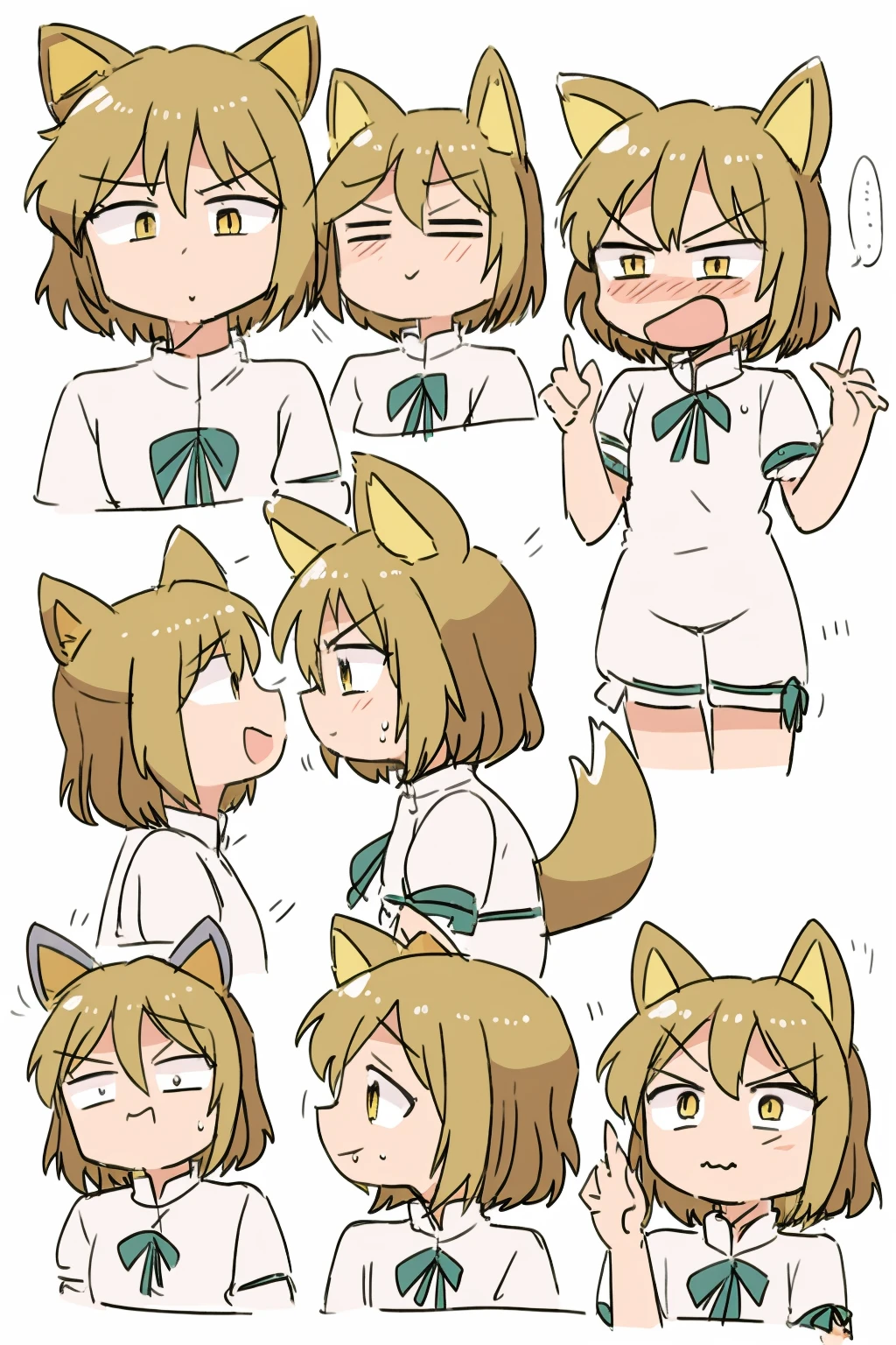masterpiece, best quality, <lora:style05:1>,multiple girls, comic,board,white background,chibi,multiple view,face,smile,sad, half-closed eyes, angry,
<lora:TsukasaKudamaki:1>,
kudamaki tsukasa, fox girl,1girl,fox ears, blonde hair, short hair,yellow eyes,ribbon, green ribbon,mandarin collar, short sleeves,white romper,fox tail,