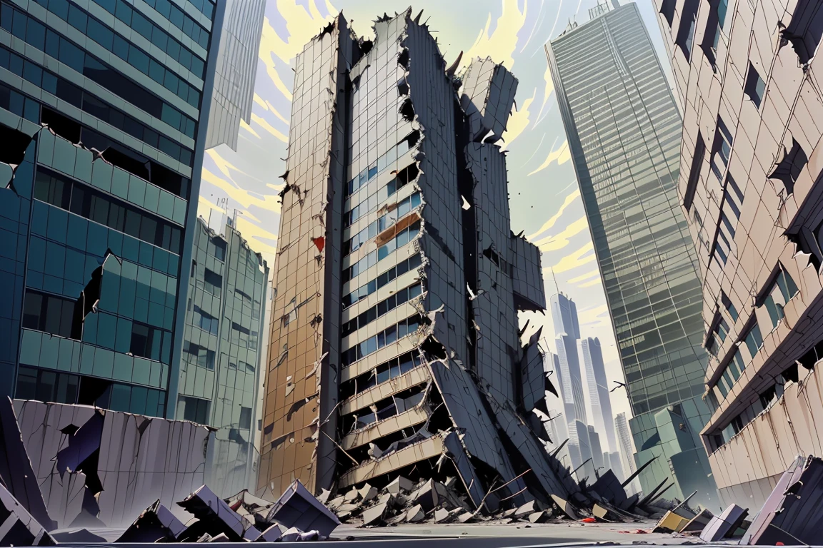 a frame of a animated film of
a destroyed skyscraper at dusk
, style akirafilm <lora:Akira_Style:1>