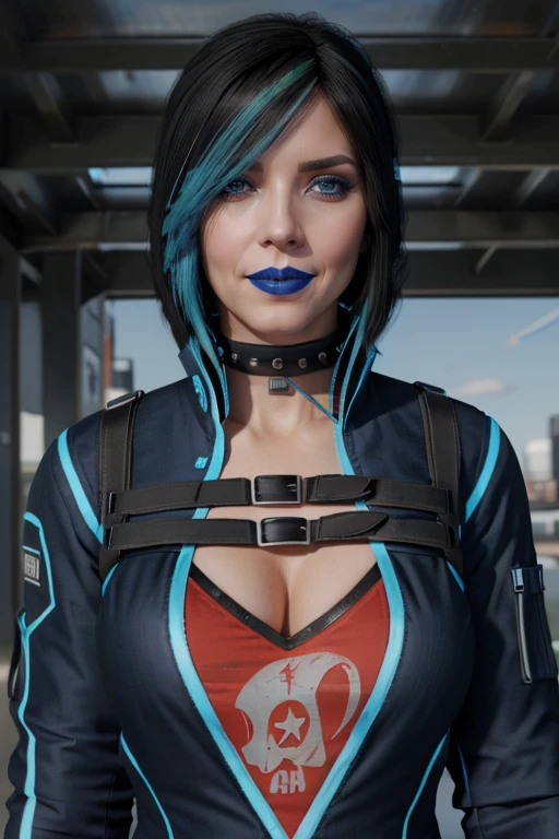 RAW photo of gracedecker, exercise jacket, studded choker, backpack straps, skull symbol, two toned hair cover eye, cyberpunk city, futuristic, portrait
, highly detailed, realistic <lora:SaintsRowGraceDeckerV0-5c:0.7>