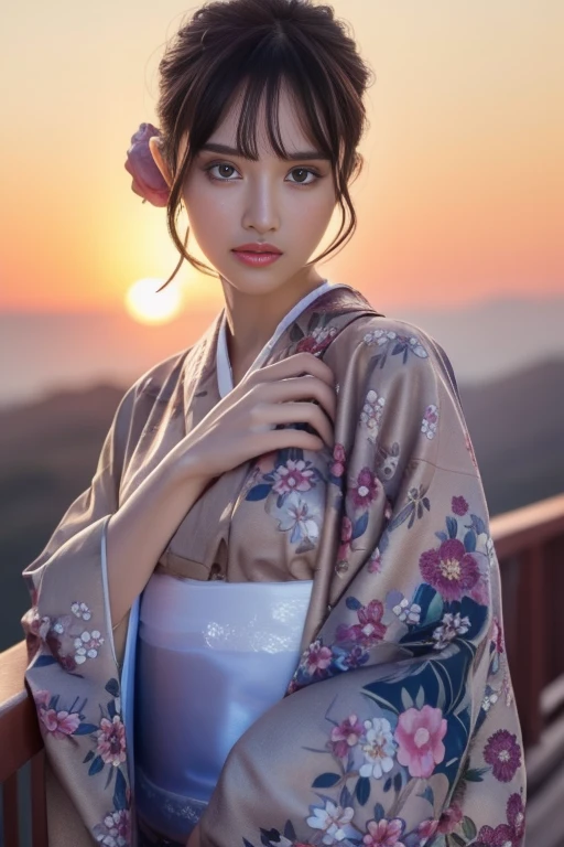 1girl,(wearing a gorgeous floral pattern kimono:1.2),(RAW photo, best quality), (realistic, photo-realistic:1.4), masterpiece, an extremely delicate and beautiful, extremely detailed, 2k wallpaper, Amazing, finely detail, extremely detailed CG unity 8k wallpaper, ultra-detailed, highres, soft light, beautiful detailed girl, extremely detailed eyes and face, beautiful detailed nose, beautiful detailed eyes,cinematic lighting,on a mountain top,sunrise,new year sunrise,perfect anatomy,slender body,<lora:new_hefu_:0.6> <lora:fujisakinagi_lora:0.8>