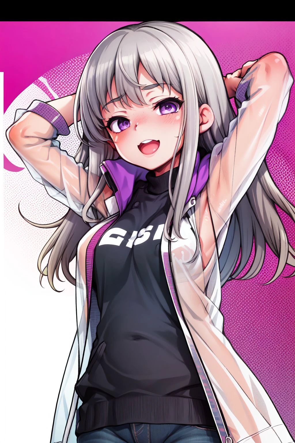 upper body, solo, 1girl, excited, arms_behind_head, dark grey hair, big hair, purple eyes, pink transparent raincoat, flag background <lora:RabbishKingdom_Uousa-ou_style_v02:1>