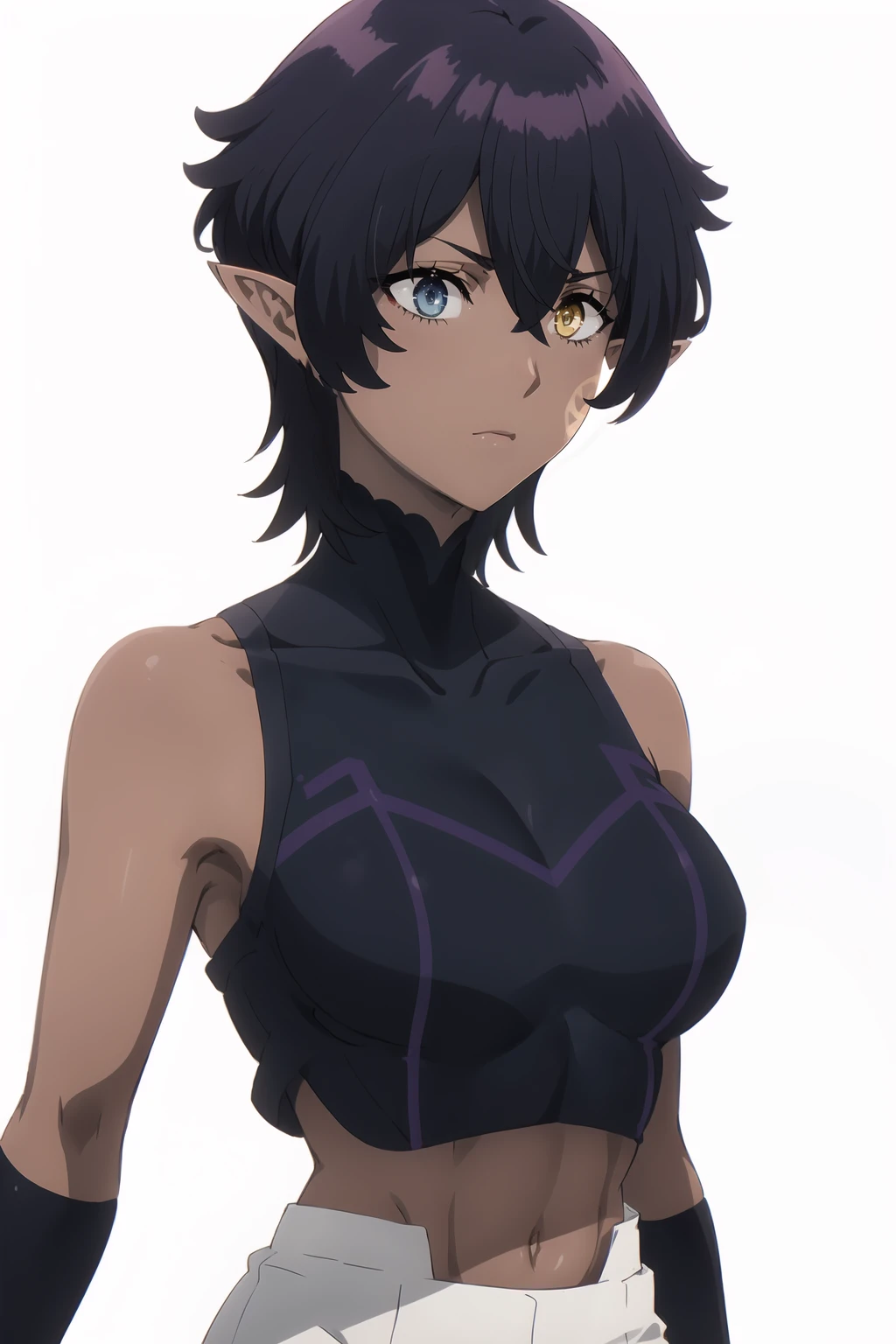 <lora:Omega_KNJ:0.9>, Omegadef, short hair, purple hair, heterochromia, blue eyes, yellow eyes, pointy ears, facial mark, solo, dark-skinned female,
crop top, sleeveless, turtleneck, white pants,
portrait, upper body,