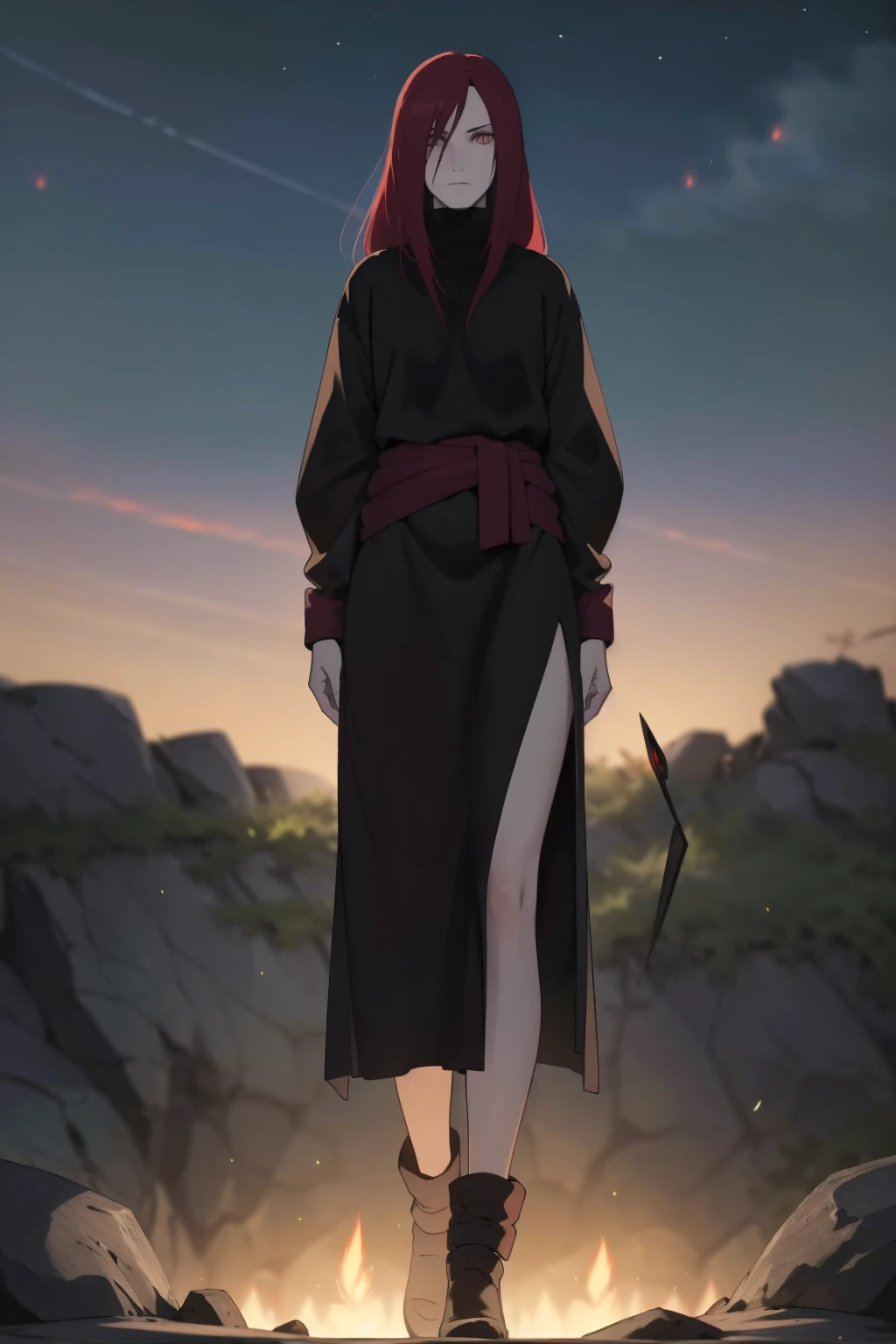 best quality,masterpiece,photorealistic,8k,A tall female human sorcerer stood on a barren plain,with long fiery red hair and mysterious amber eyes. She was wearing a black long dress and purple shawl,with a skull decoration around her waist. She was holding a wand in her hand and reciting a curse,with a demonic green flame burning at the top of the wand. Her feet were surrounded by ancient runes,which emitted a faint and sparkling light. Behind her lies the dusk sky and horizon,<lora:orochimaruV2:0.7>,