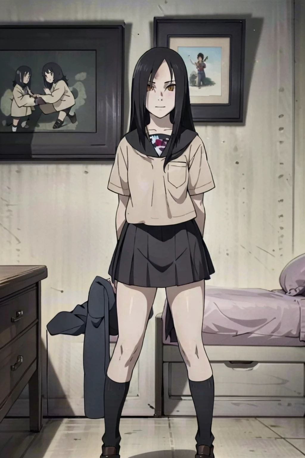 (masterpiece:1.4),high quality,high definition,sharp focus,detailed clothes,detailed body,detailed face,anime,best quality,8k,intricate detail,highres,extremely detailed,(1girl, ar old\chool uniform,white footwear,checkered_skirt,room,<lora:Hawk_V1:0.6>,<lora:orochimaruV2:0.7>,