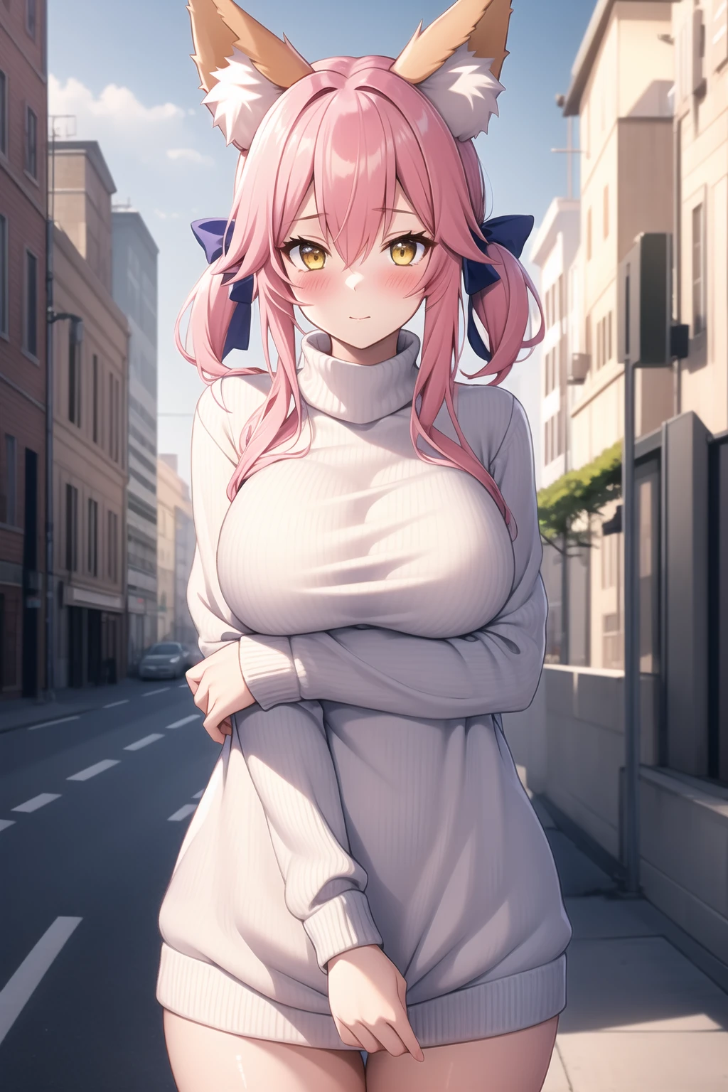 1girl, solo, BREAK outdoors, street, looking at viewer, (masterpiece:1.2), best quality, high resolution, unity 8k wallpaper, (illustration:0.8), (perfect hands, perfect anatomy), (blush:1.5), shiny hair, shiny skin, standing, tamamonm, pink hair, hair between eyes, sidelocks, short twintails, yellow eyes, animal ears, fox ears, fox tail, blue bow, large bow, hair bow, large breasts, virgin killer sweater, sweater dress, turtleneck, thighs 