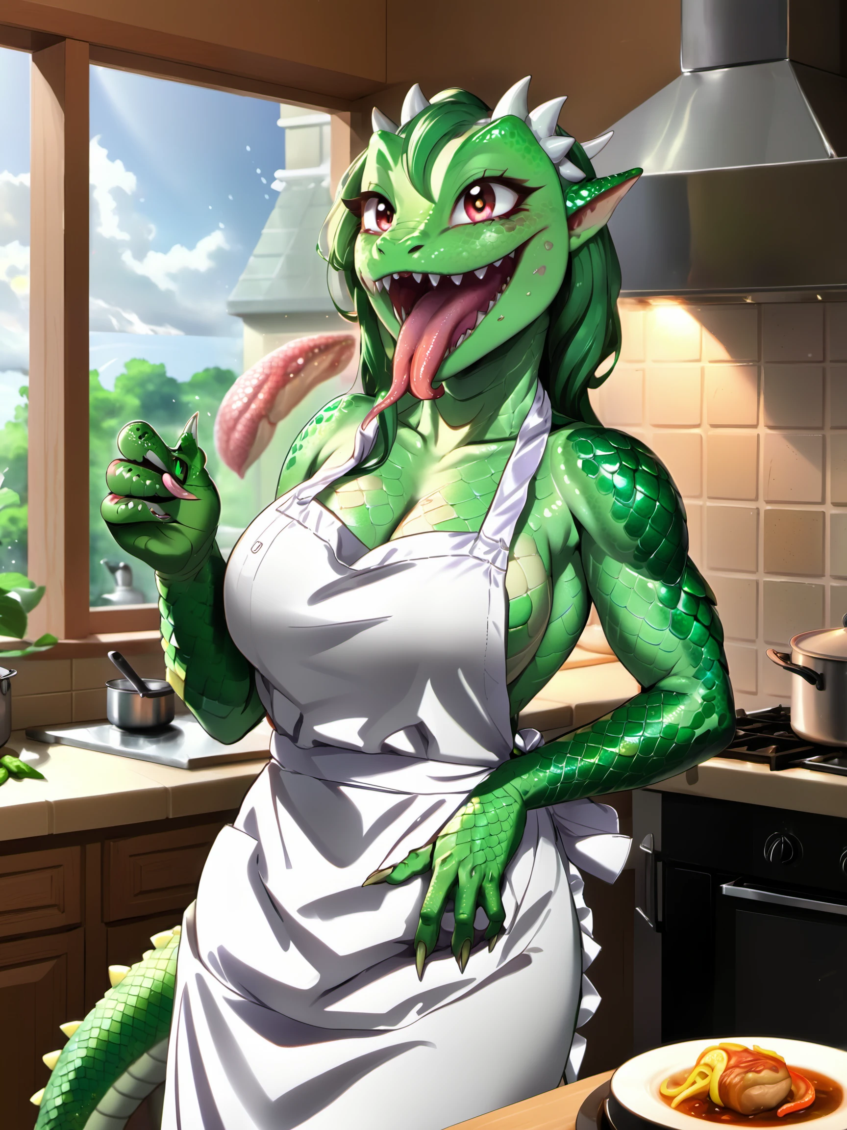 <lora:reptile-v1.1_adam-cosine-8x4-4x1-000004:0.8>
a r3pt1l3 anime lizard waifu with scales for skin and green hair and a lizard tongue
wearing an apron
cooking dinner in a kitchen, detailed background, masterpiece, best quality, high quality, highres, absurdres, award-winning, professional, highly detailed