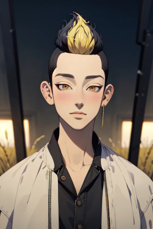 photorealistic, (4k), depth of field, (Masterpiece), (realistic skin texture), extremely detailed, intricate, hyper detailed, high resolution, professional photography, , depth of field, sharp detail, best quality, , 1boy, solo, male focus, <lora:shuuji_hanma:0.96>, shuuji_hanma, black hair, yellow eyes, two-tone hair, short hair, undercut, jacket, linen shirt, , field of wheat,