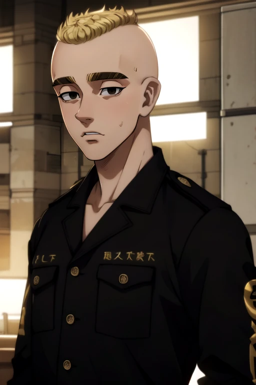 photorealistic, (4k), depth of field, (Masterpiece), (realistic skin texture), extremely detailed, intricate, hyper detailed, high resolution, professional photography, bokeh, depth of field, sharp detail, best quality, , 1boy, solo, male focus, <lora:yasuhiro_mutou:1>, yasuhiro_mutou, blonde hair, black eyes, short hair, bald, , uniform, convict costume, islamic golden age, High resolution