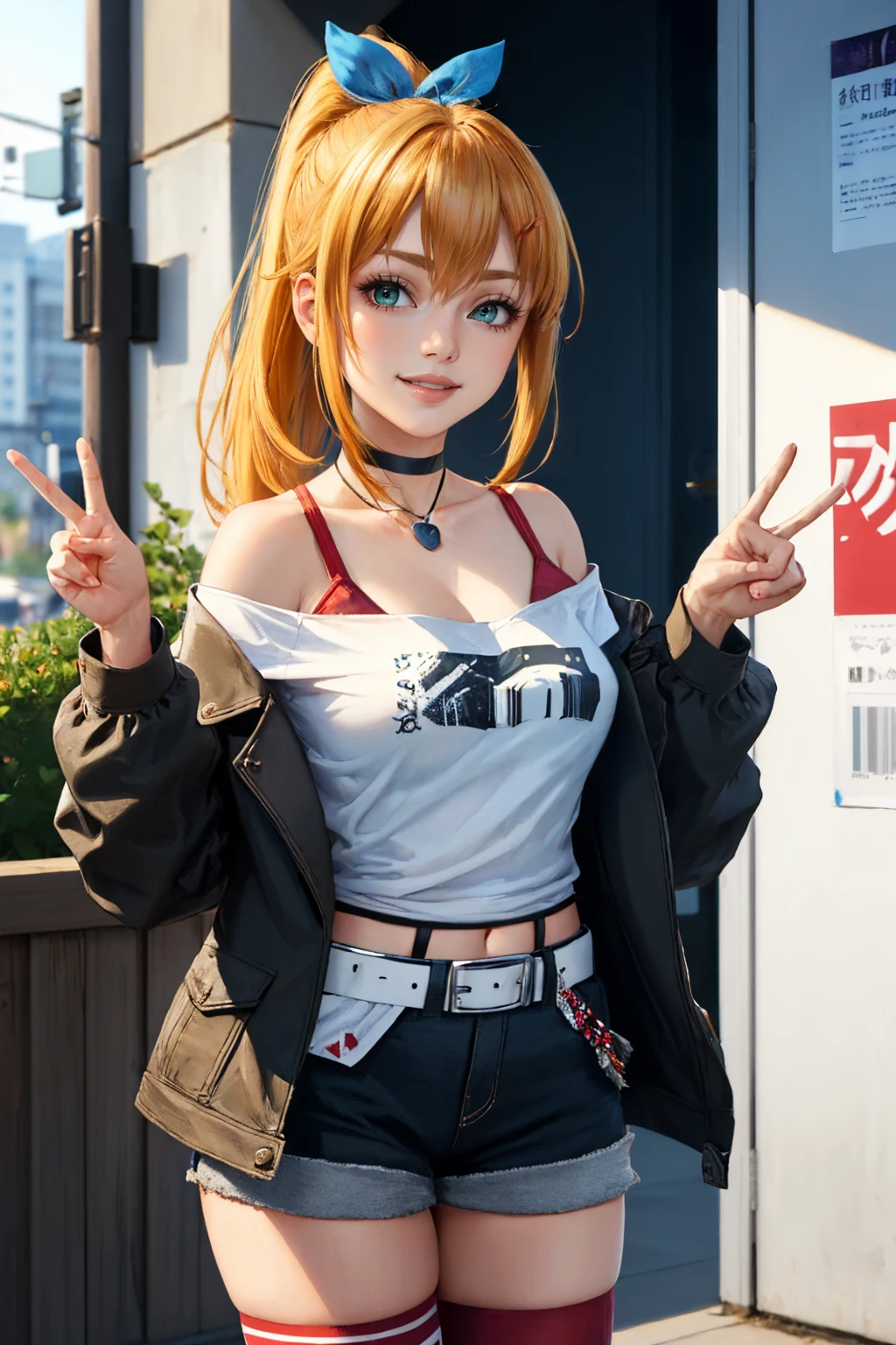 (masterpiece, best quality:1.2), solo, 1girl, makijpn, smile, looking at viewer, peace sign, antenna hair, ponytail, hairclip, jacket, off shoulder, white shirt, black shorts, red thighhighs, choker, belt <lora:voiceroid_tsurumaki-10:1>