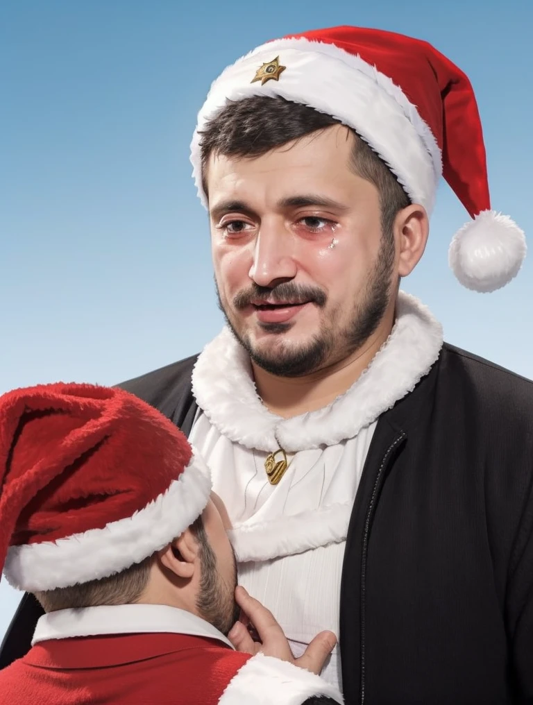(masterpiece, best quality), <lora:pasha_techique-01:0.7> pasha, surprised, happy, happy tears, reciving gift, (gift box), santa hat