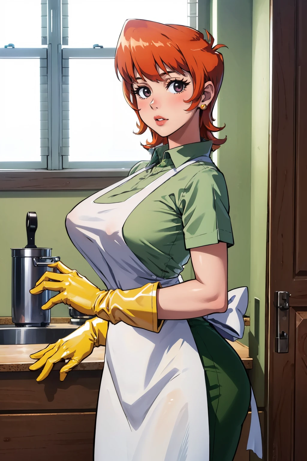 (masterpiece, best quality:1.2), <lora:dextersmom:1>, dextersmom, 1girl, solo, looking at viewer, large breasts, gloves, apron, jewelry, pants, shirt, indoors, kitchen, window