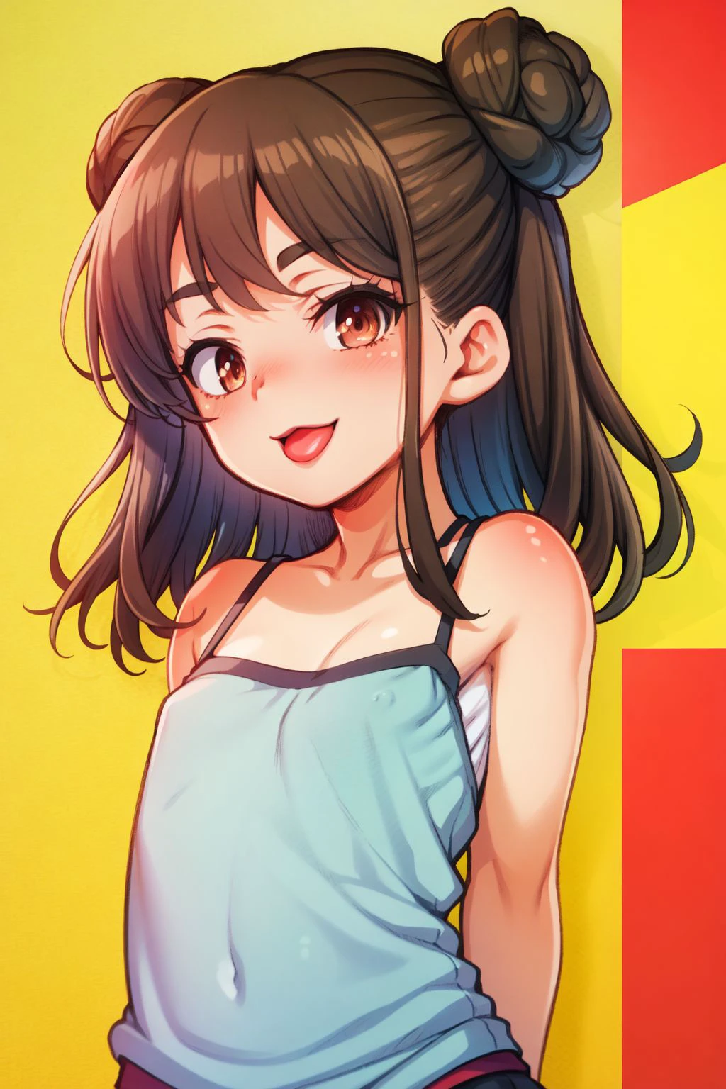 upper body, solo, 1girl, :p, arms_behind_back, brown hair, triple bun, bronze eyes, camisole, fiery background <lora:RabbishKingdom_Uousa-ou_style_v02:1>