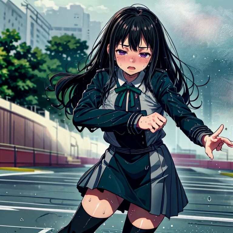 ((top quality, 8k wallpaper)),(masterpiece, best quality),extremely detailed,high definition,(official art:1.3),(((anime screencap,black outline))),<lora:more_details:0.3>,<lora:LCM_LoRA_Weights_SD15:1>,1girl,solo,blush,half-closed eyes,steaming body,heavy breathing,sick,
<lora:takina_inoue_v1:0.75>, takina inoue,purple eyes,black hair,long hair,lycoris uniform,green ribbon,long sleeves,two-tone dress,pleated dress,collared shirt,kneehighs,
BREAK
<lora:sweatAthlete:0.4>,(((sweat,sweatdrop,flying sweatdrops, sweating profusely,wet,wet clothes,wet hair,messy hair))),exhausted,exercise,stadium,outdoors,running track,running,