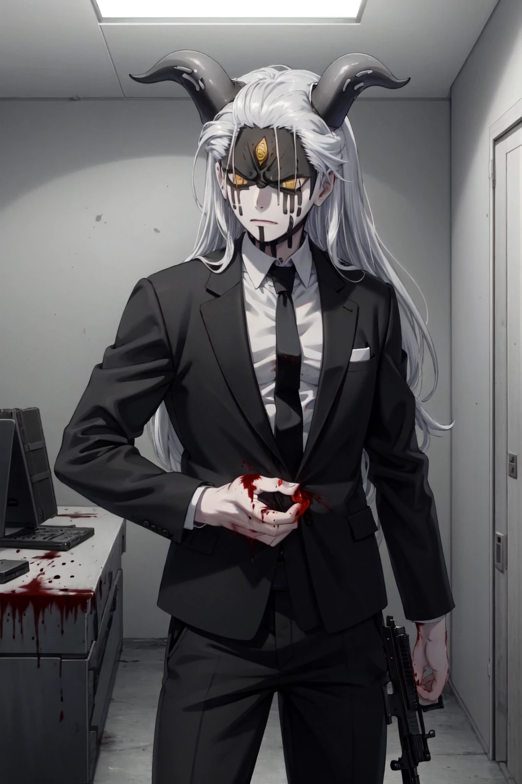 Momoshiki, 1boy, two-tone skin, long hair, white hair, yellow eyes, third eye, horns, masterpiece, best quality, <lora:Momoshiki_Otsutsuki:1>, black suit, white shirt, black necktie, black pants, (weapon, rifle, assault rifle), indoors, looking away, frown, office, blood