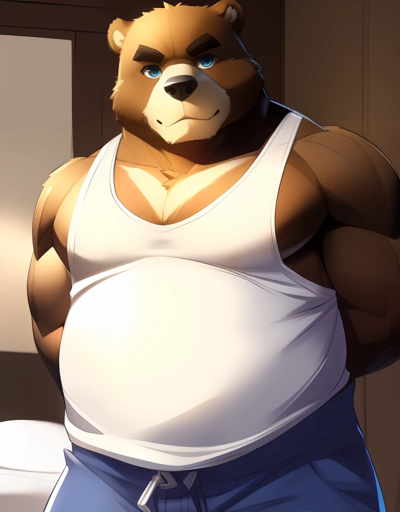 (((detailed eyes, detailed face))), (bara, juuichi <lora:character_juuichi_findigo_v3:1>, bear, short hair, black eyes), male, (solo), (plump, fat, chubby, overweight), (white tank top, blue pants), standing, (arms behind back), smile BREAK (konzaburou, ukan_muri, cute), bedroom, (flat shading, [flat color], high brightness <lora:add_brightness:1>), 8k, UHD, masterpiece, (full body)